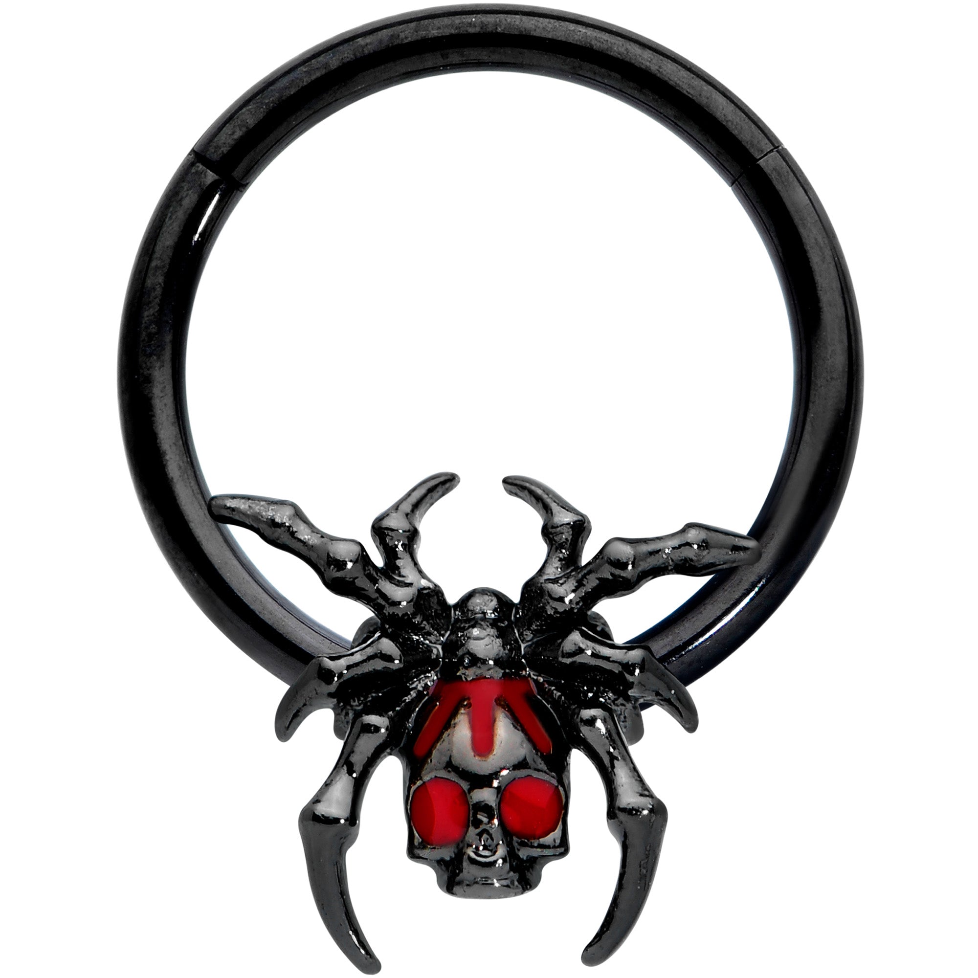 16 Gauge 3/8 Red Gem Black Spider Skull Halloween Hinged Segment Ring