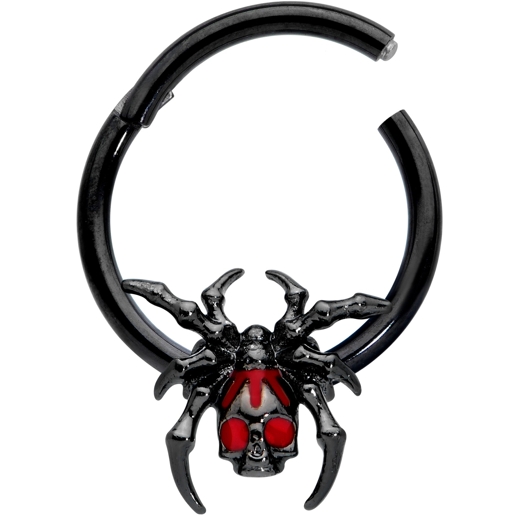 16 Gauge 3/8 Red Gem Black Spider Skull Halloween Hinged Segment Ring