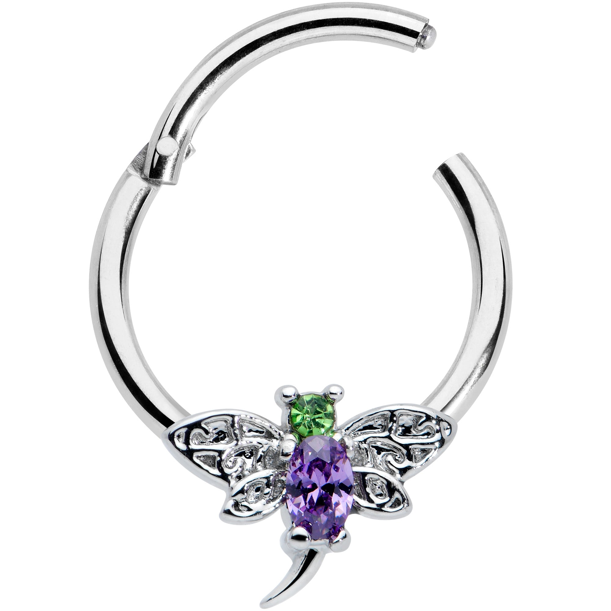 16 Gauge 3/8 Green Purple Gem Dragonfly Hinged Segment Ring