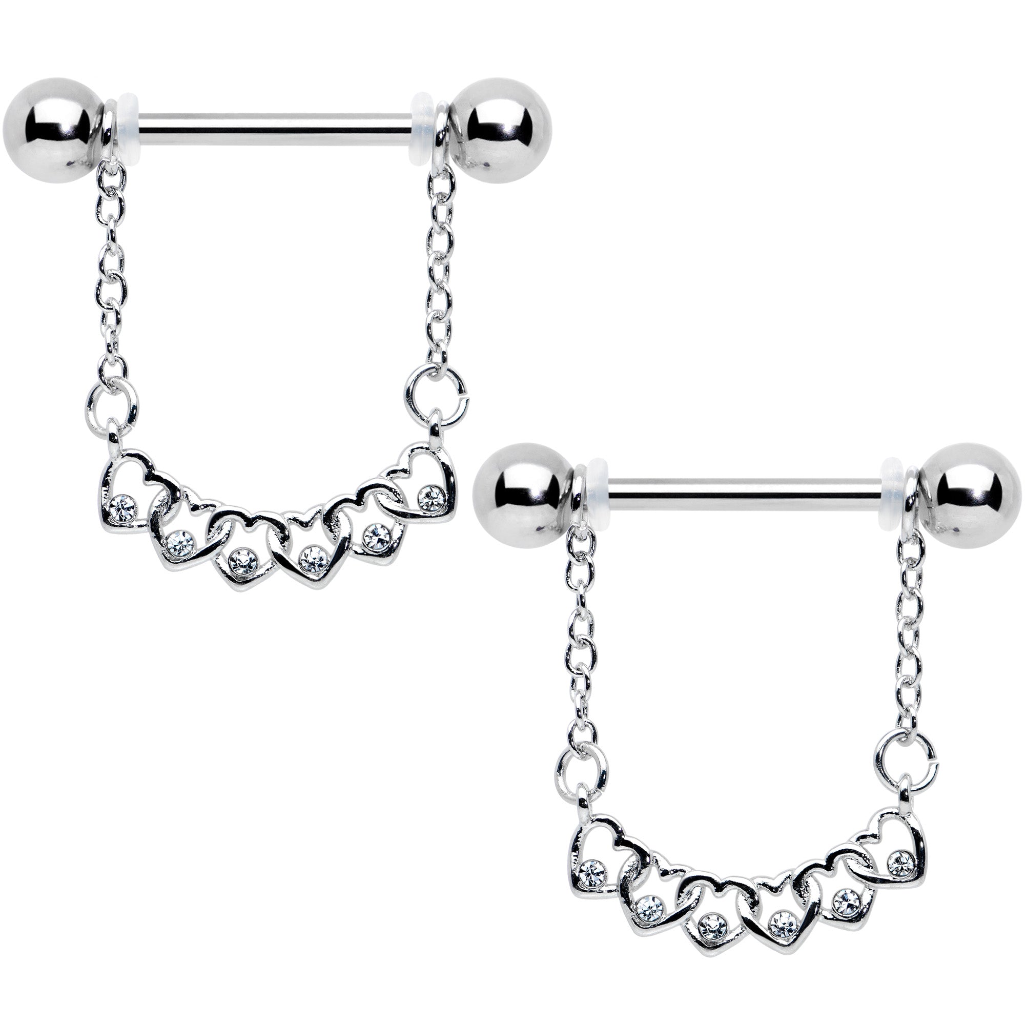 14 Gauge 9/16 Clear Gem Link Heart Valentine Dangle Nipple Ring Set