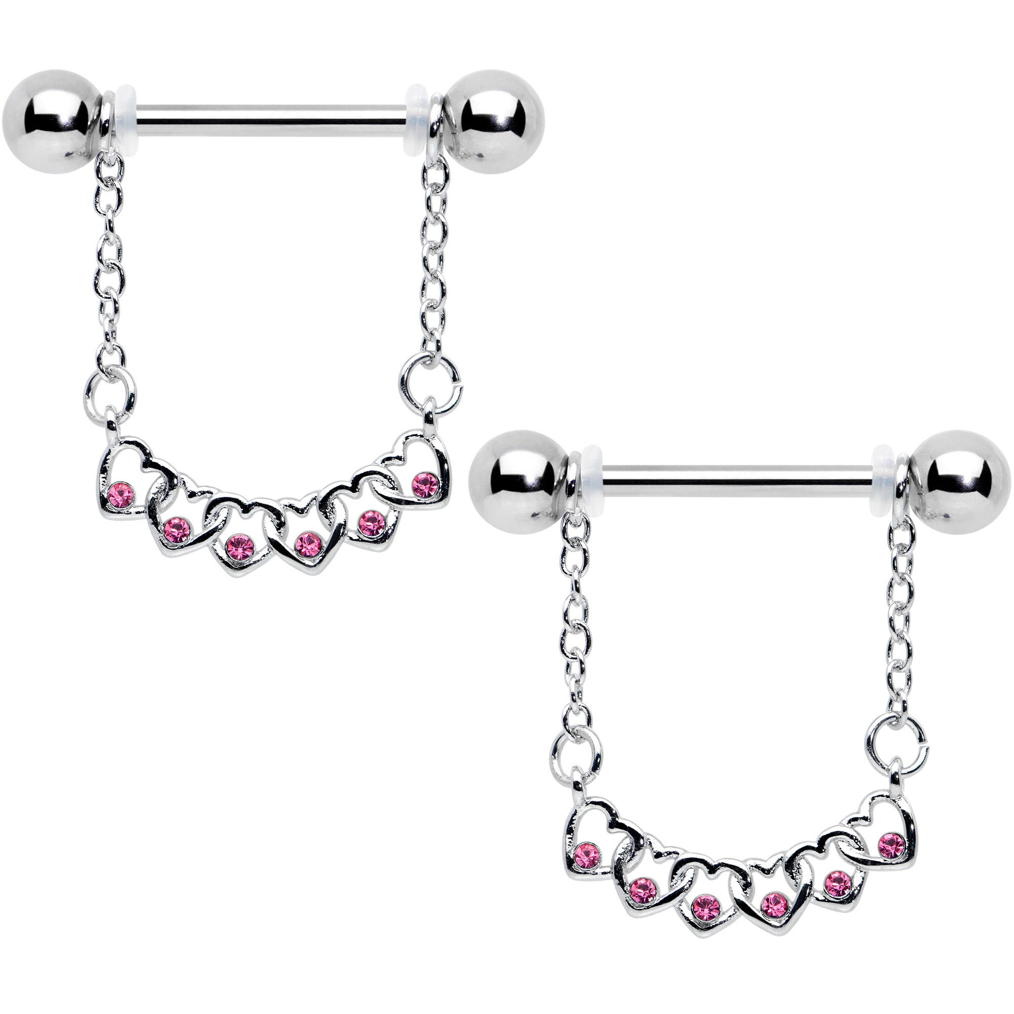 14 Gauge 9/16 Pink Gem Link Heart Valentine Dangle Nipple Ring Set