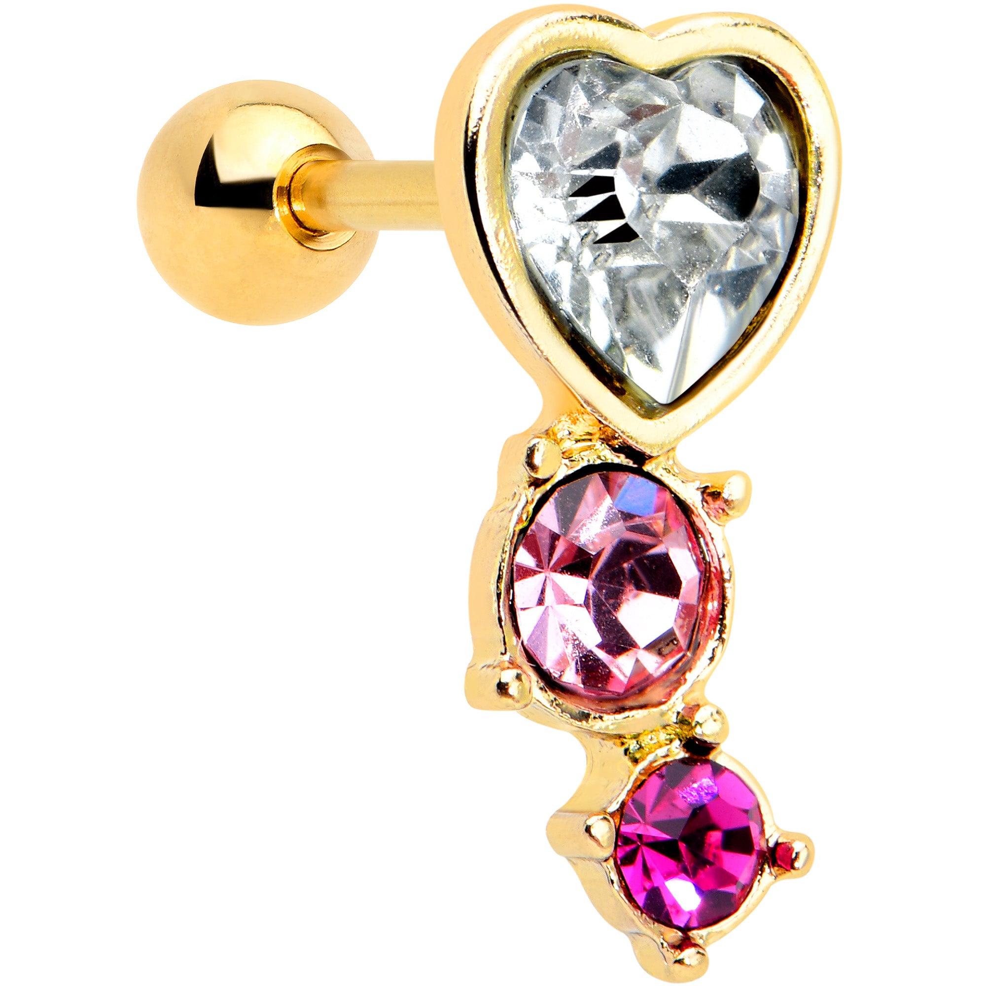 16 Gauge 1/4 Clear Pink Gem Gold Tone Heart Cartilage Tragus Earring