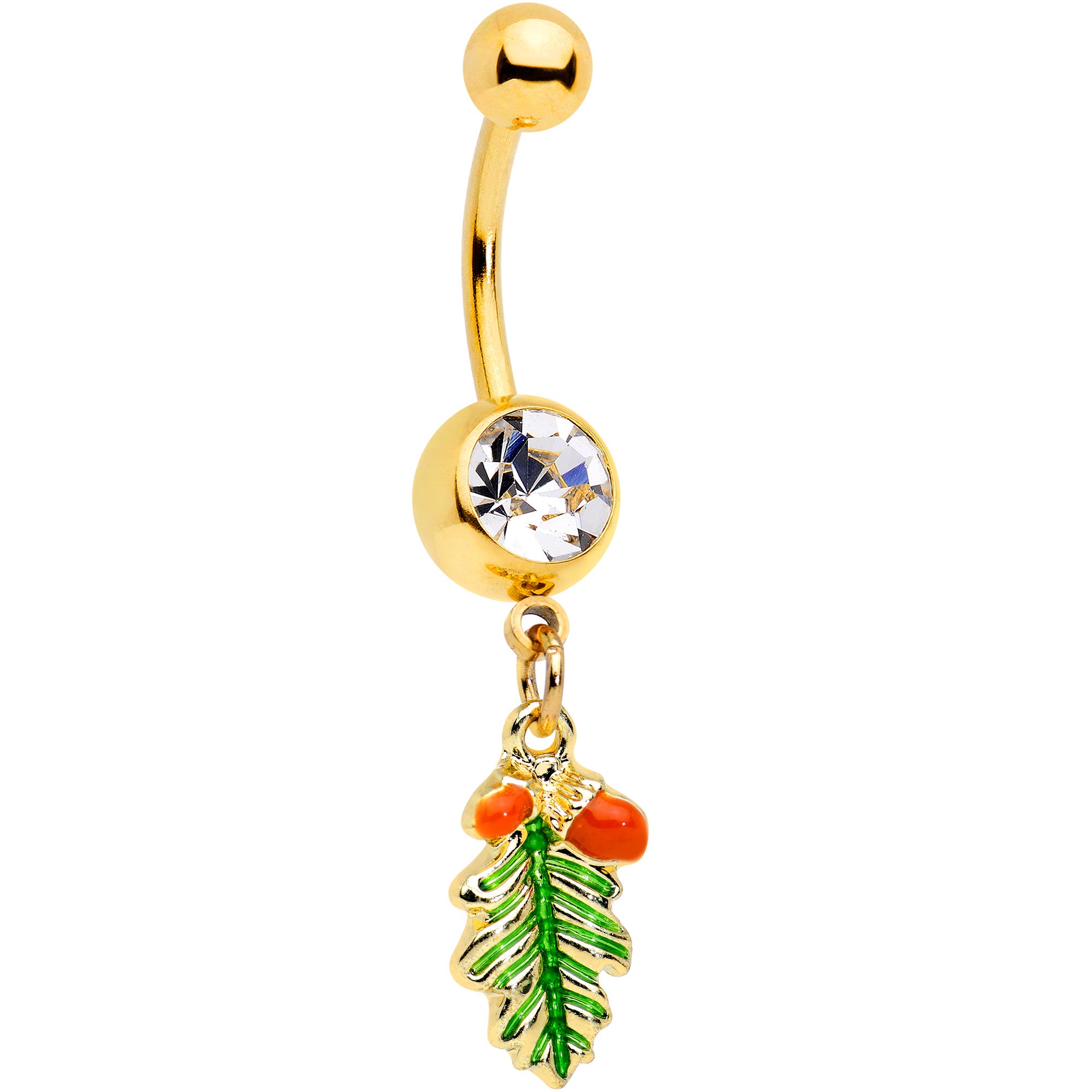 Clear Gem Gold Tone Acorns Pine Cone Autumn Dangle Belly Ring