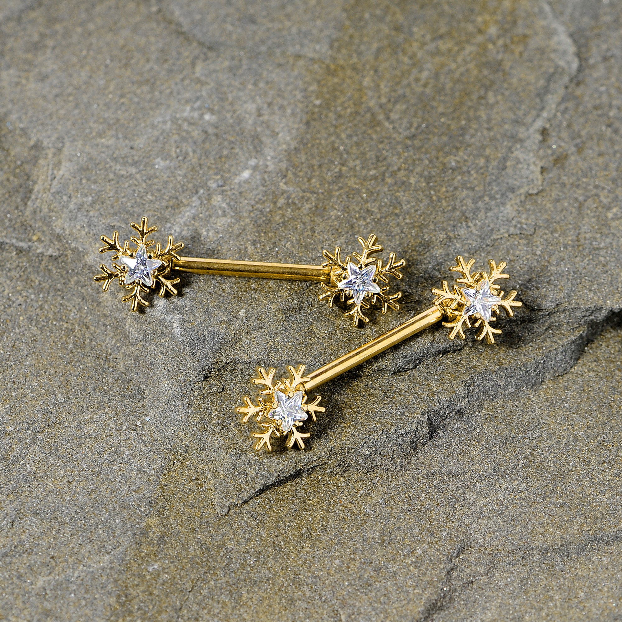 14 Gauge 9/16 Clear Gem Gold Tone Snowflake Christmas Nipple Ring Set