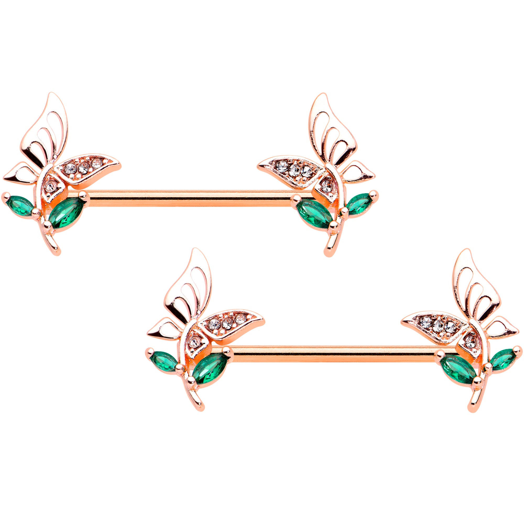 14 Gauge 9/16 Rose Gold Tone Clear Gem Flora Butterfly Nipple Ring Set