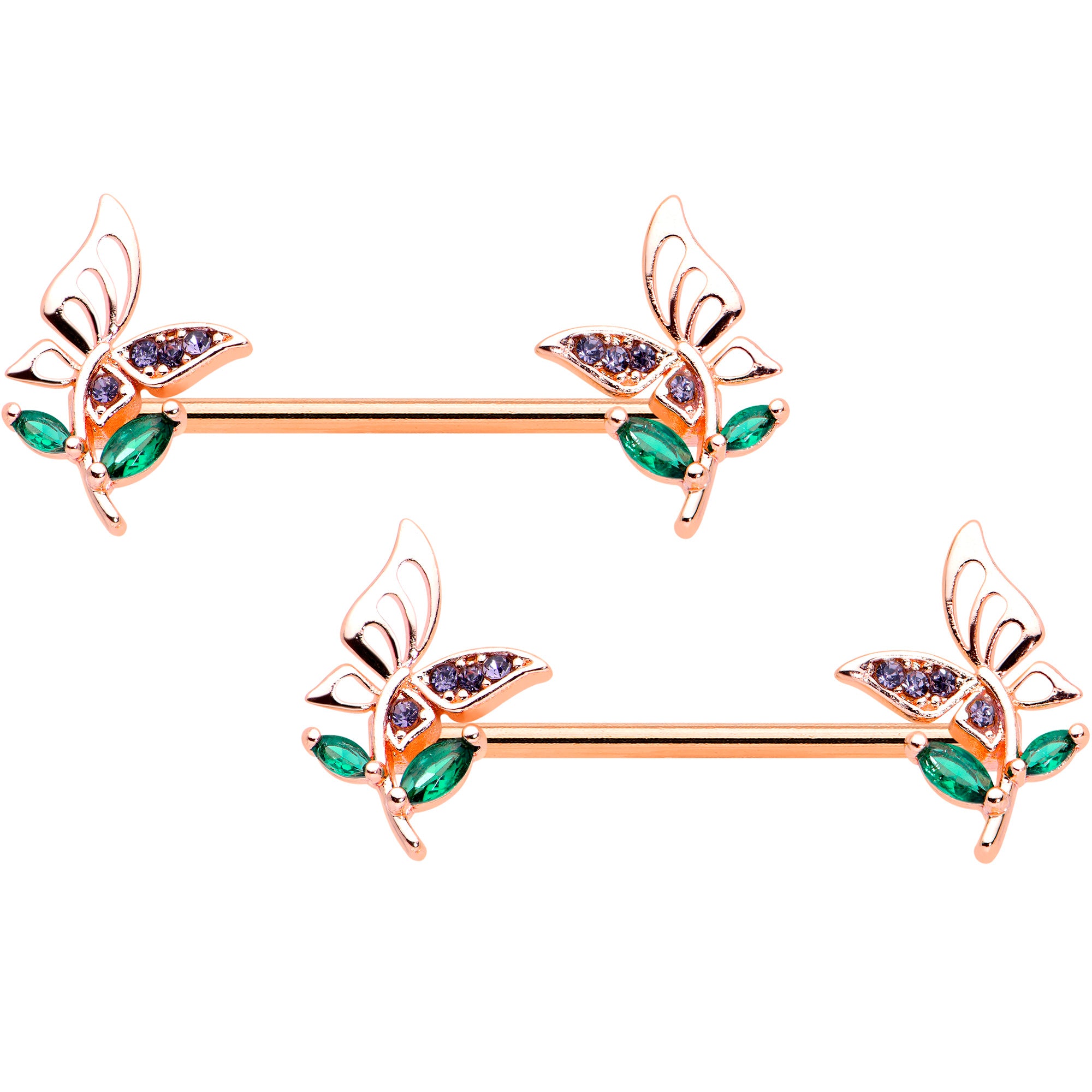 14 Gauge 9/16 Rose Gold Hue Purple Gem Flora Butterfly Nipple Ring Set