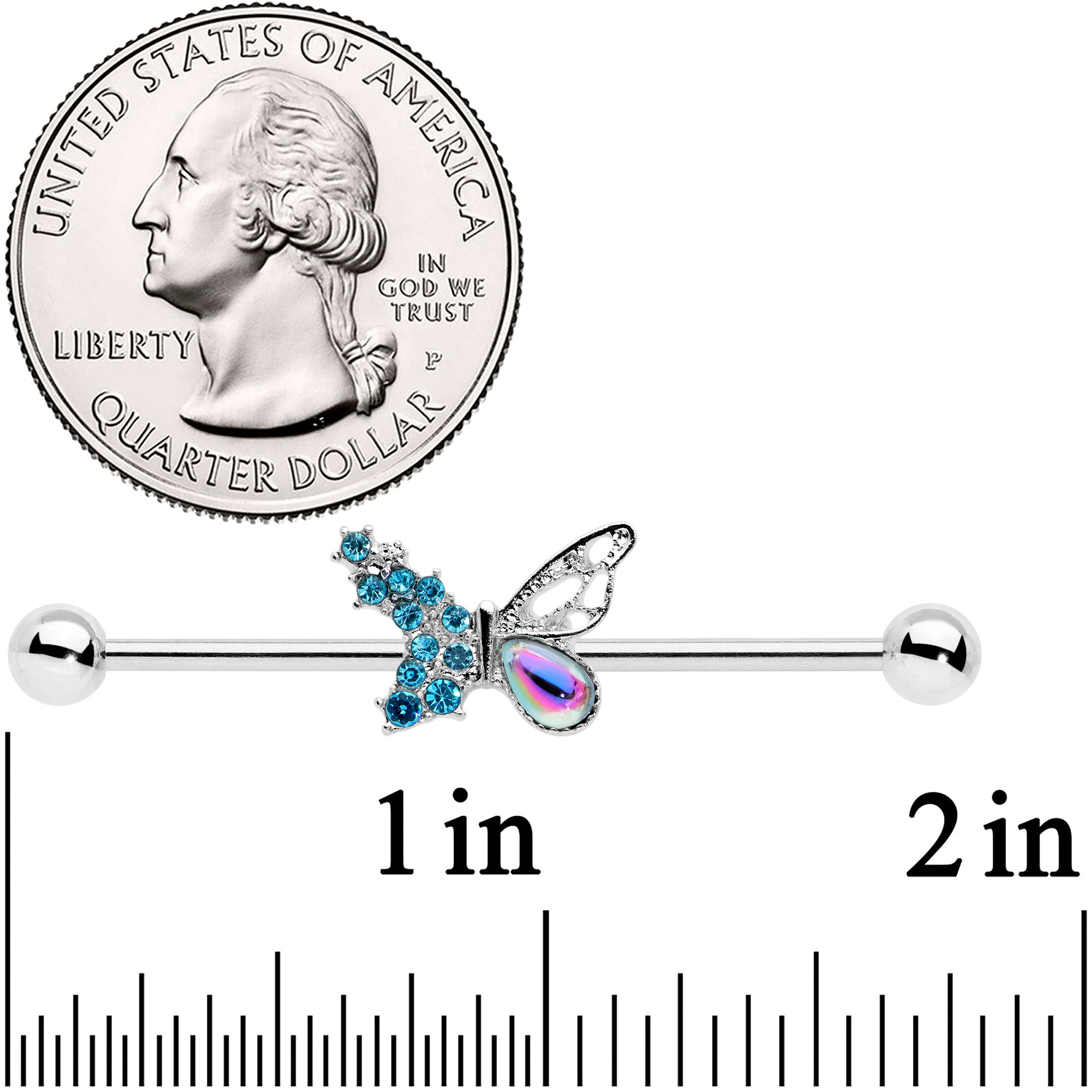 14 Gauge Blue Aurora Gem Super Glam Butterfly Industrial Barbell 38mm