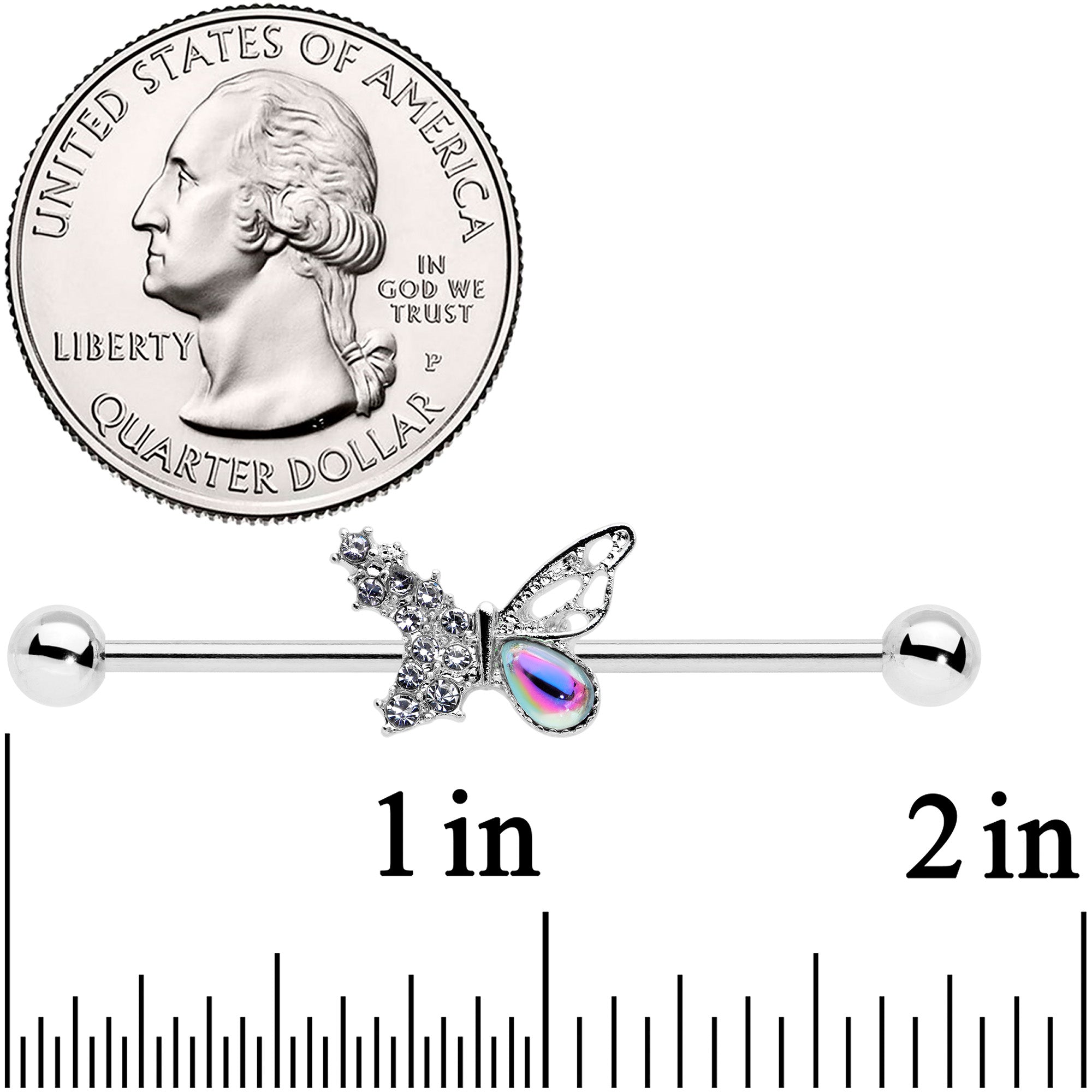 14 Gauge Clear Aurora Gem Super Glam Butterfly Industrial Barbell 38mm