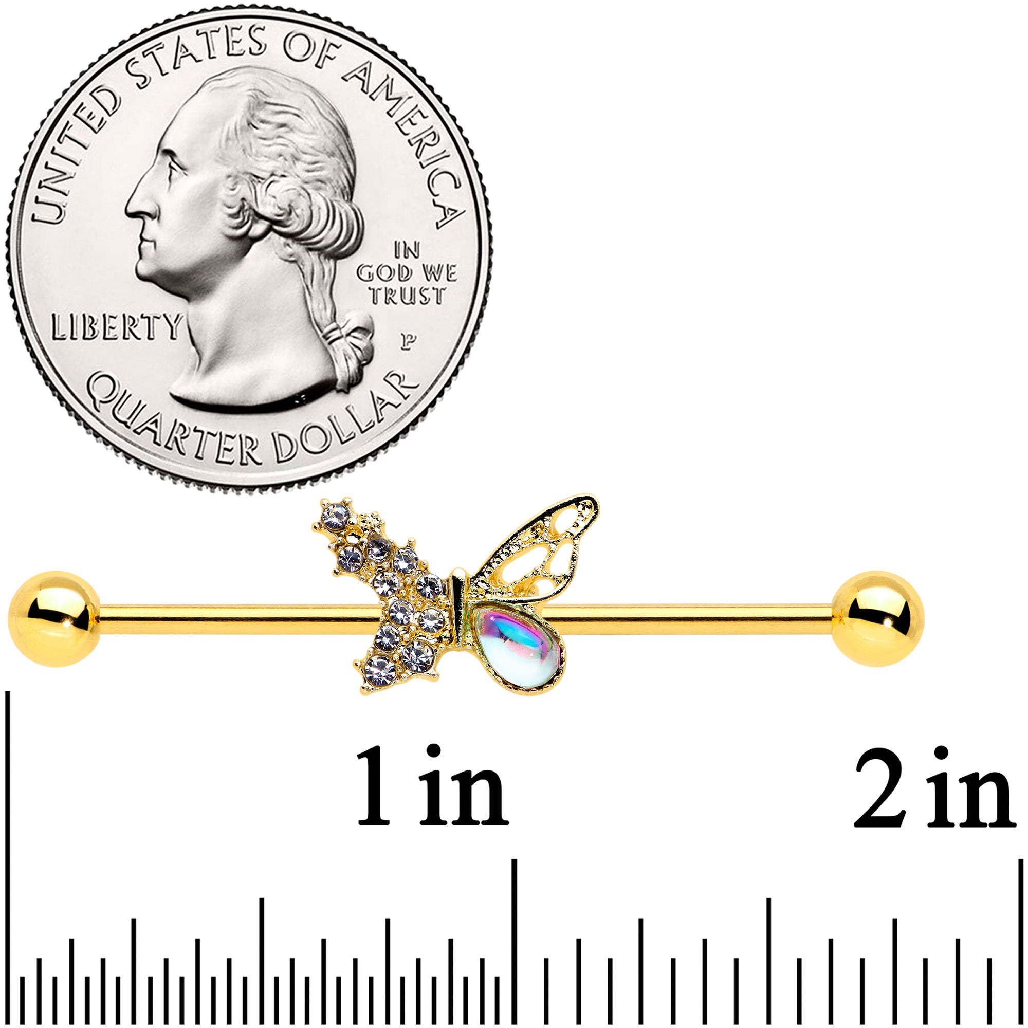 14 Gauge Clear Gem Gold Tone Glam Butterfly Industrial Barbell 38mm