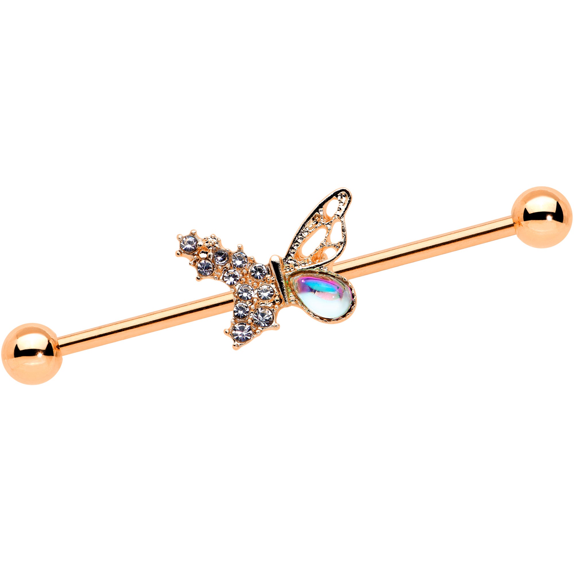 14 Gauge Jeweled Rose Gold Tone Fancy Butterfly Industrial Barbell 38mm