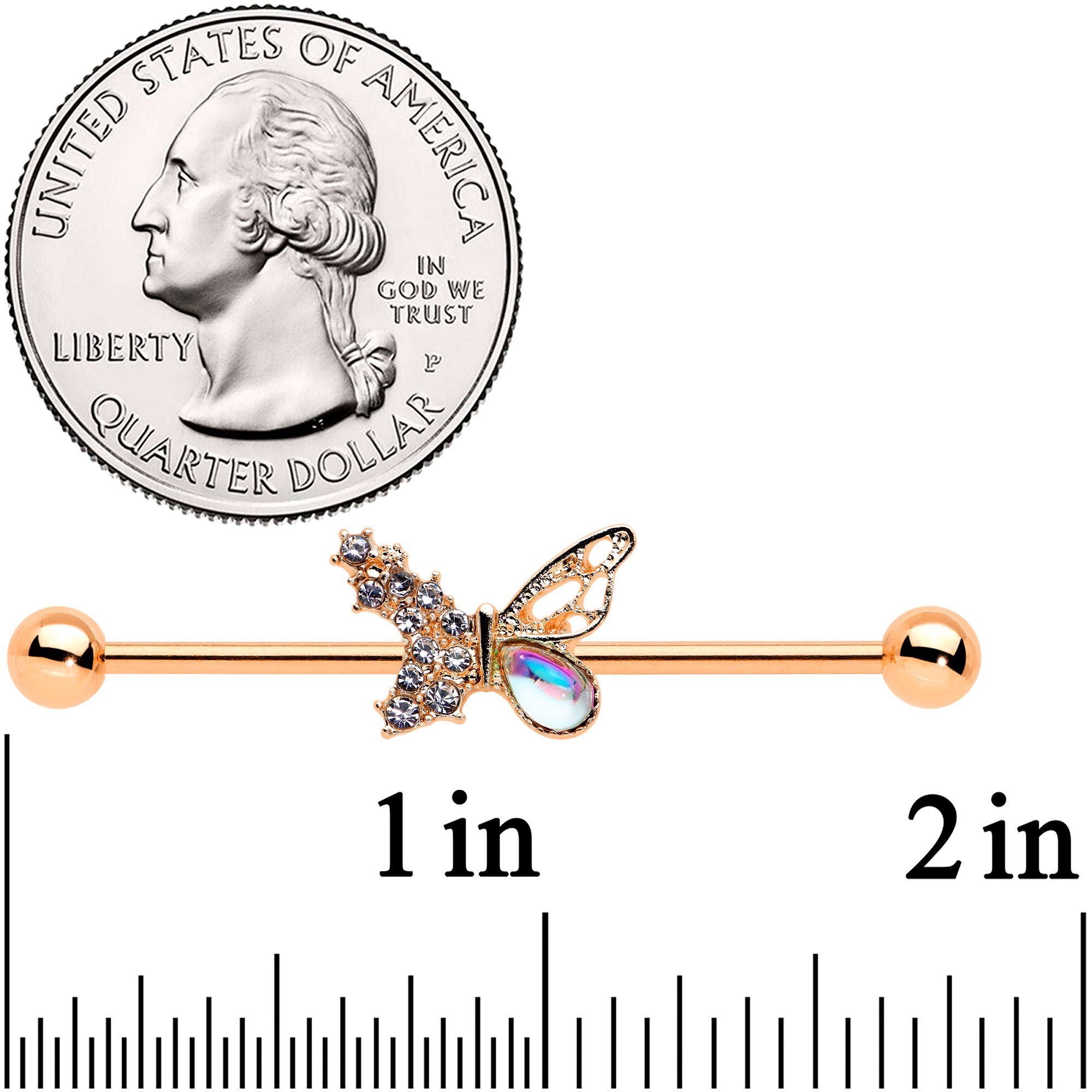 14 Gauge Jeweled Rose Gold Tone Fancy Butterfly Industrial Barbell 38mm