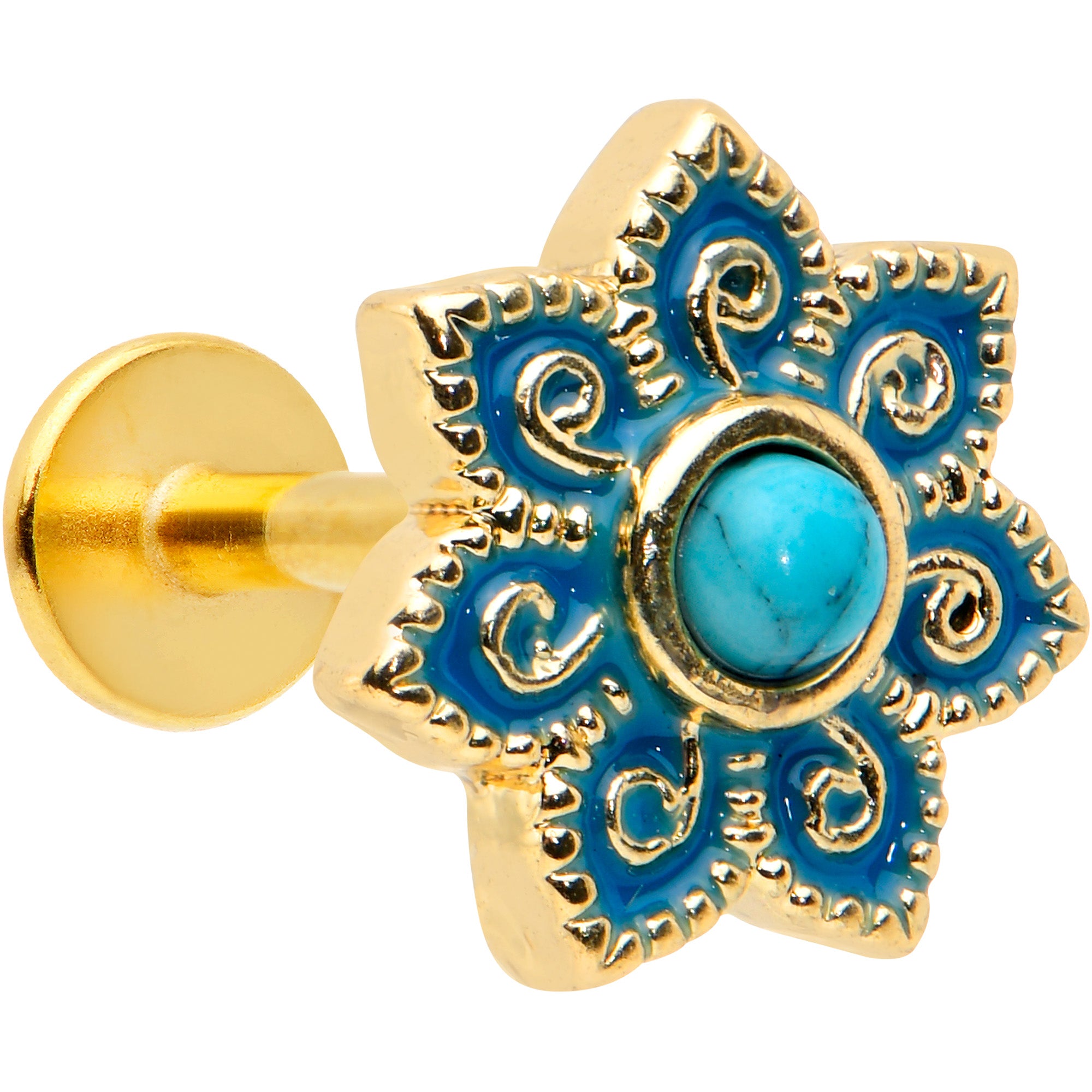 16 Gauge 1/4 Turquoise Gold Tone Baroque Flower Labret Monroe Tragus