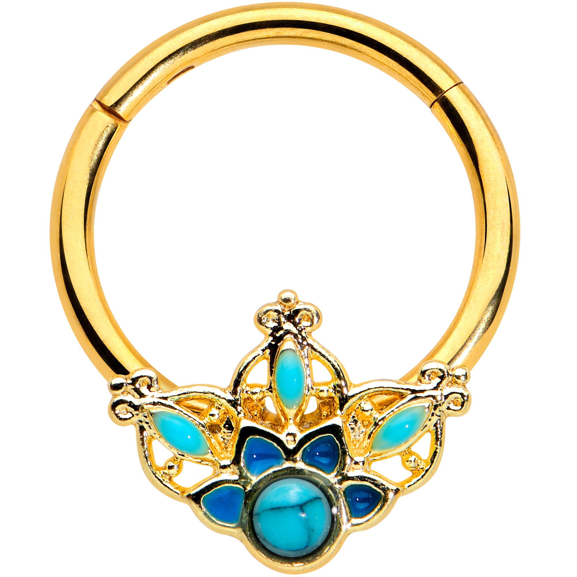 16 Gauge 3/8 Turquoise Gold Tone Opulent Flower Hinged Segment Ring