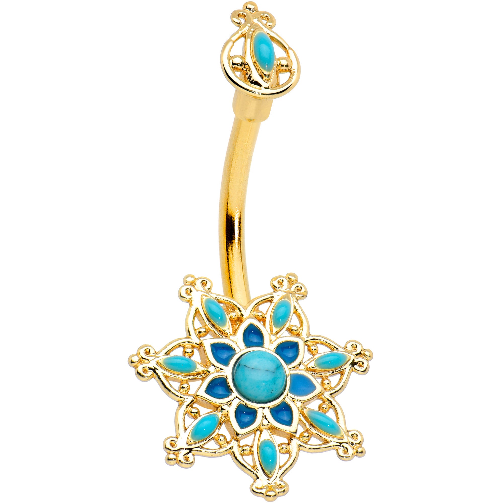 Blue Turquoise Gold Tone Opulent Flower Double Mount Belly Ring