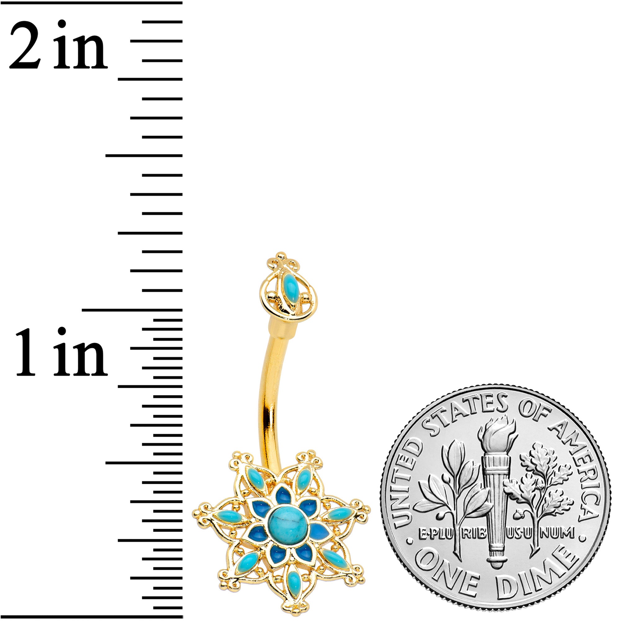 Blue Turquoise Gold Tone Opulent Flower Double Mount Belly Ring