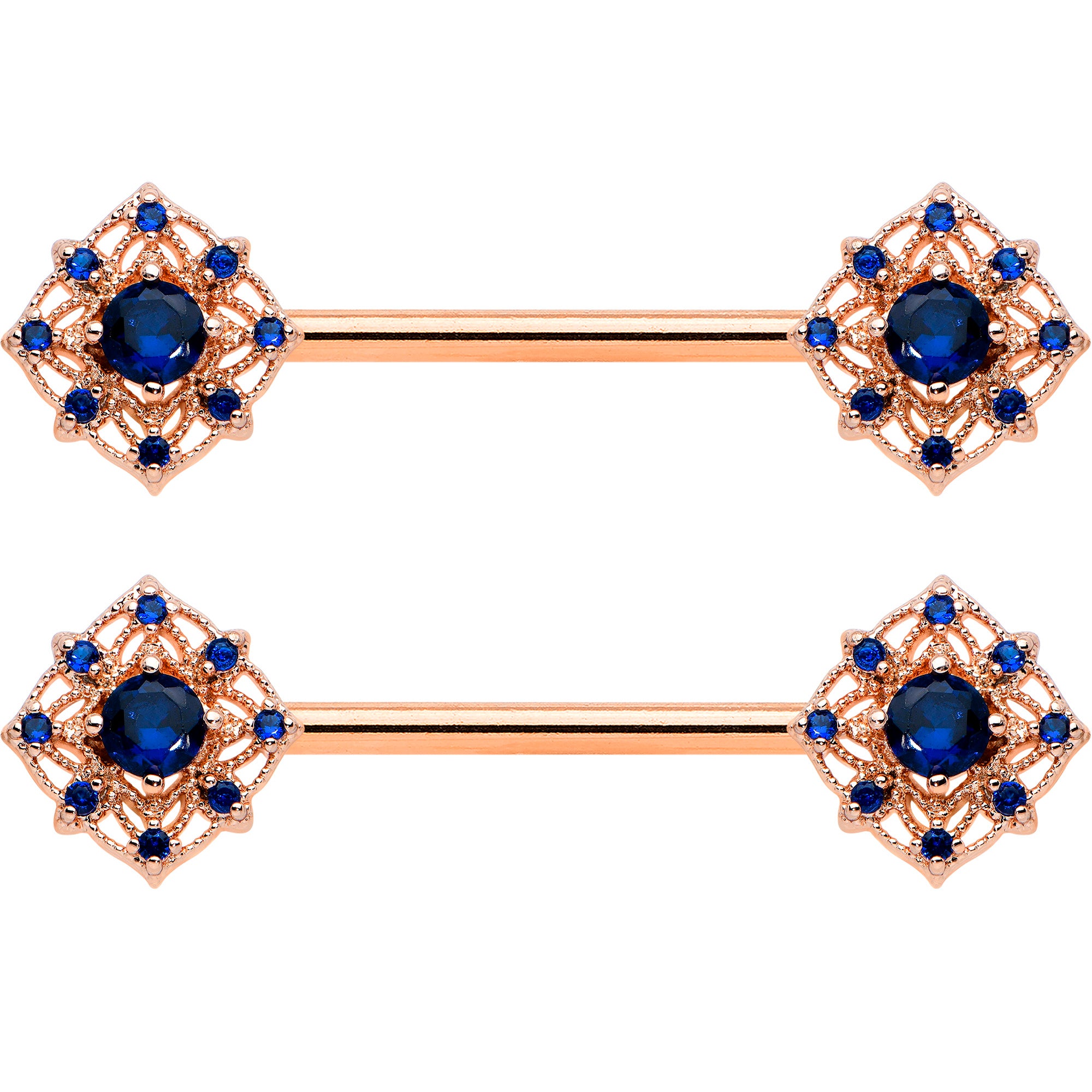 14 Gauge 9/16 Blue Gem Rose Gold Tone Wicked Web Nipple Ring Set