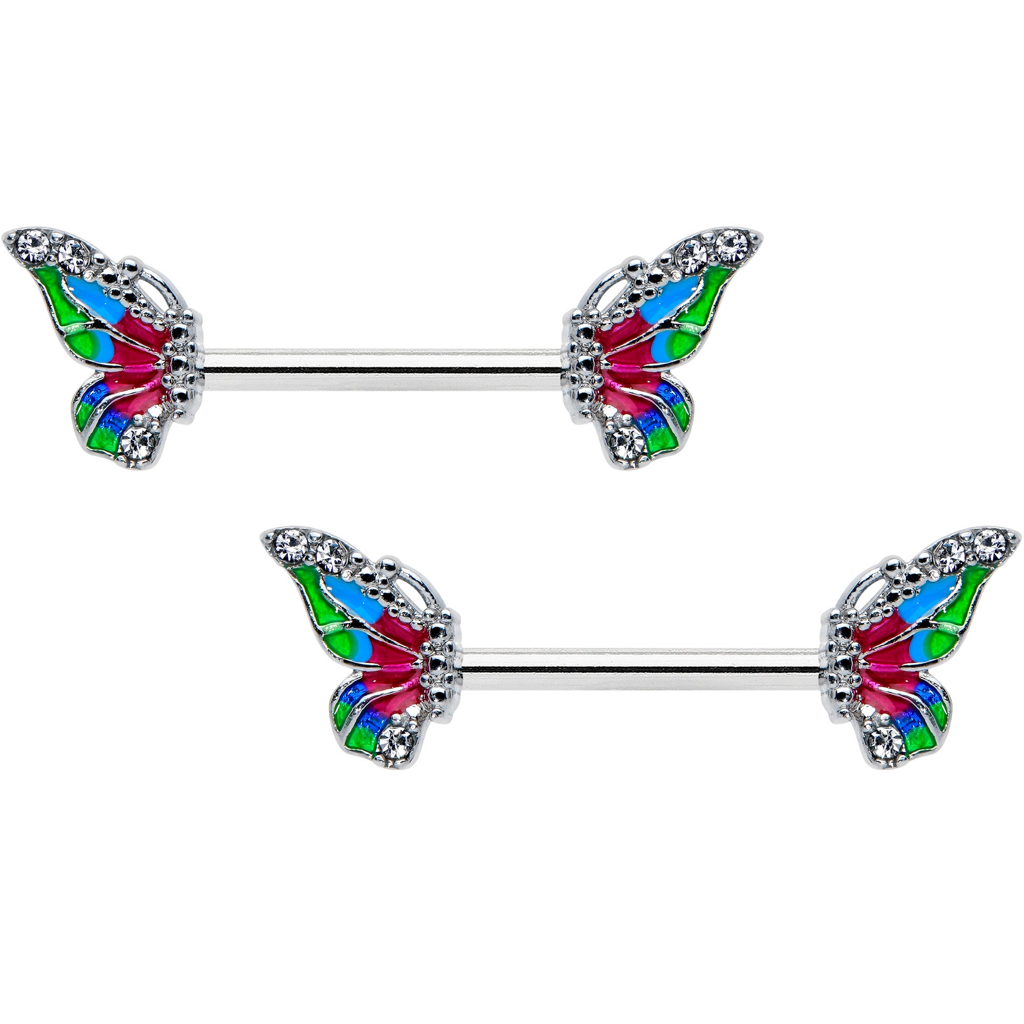 14 Gauge 1/2 Clear Gem Bright Beauty Butterfly Barbell Nipple Ring Set