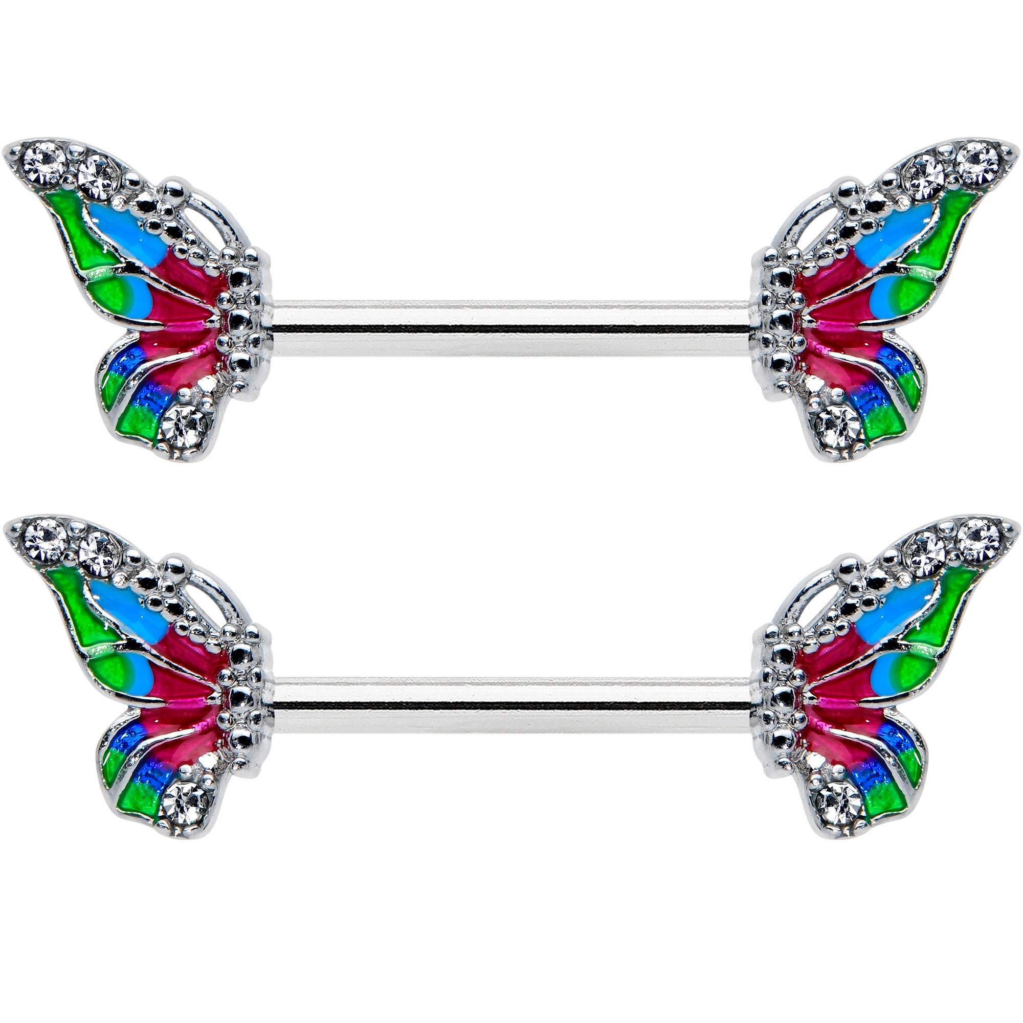 14 Gauge 1/2 Clear Gem Bright Beauty Butterfly Barbell Nipple Ring Set