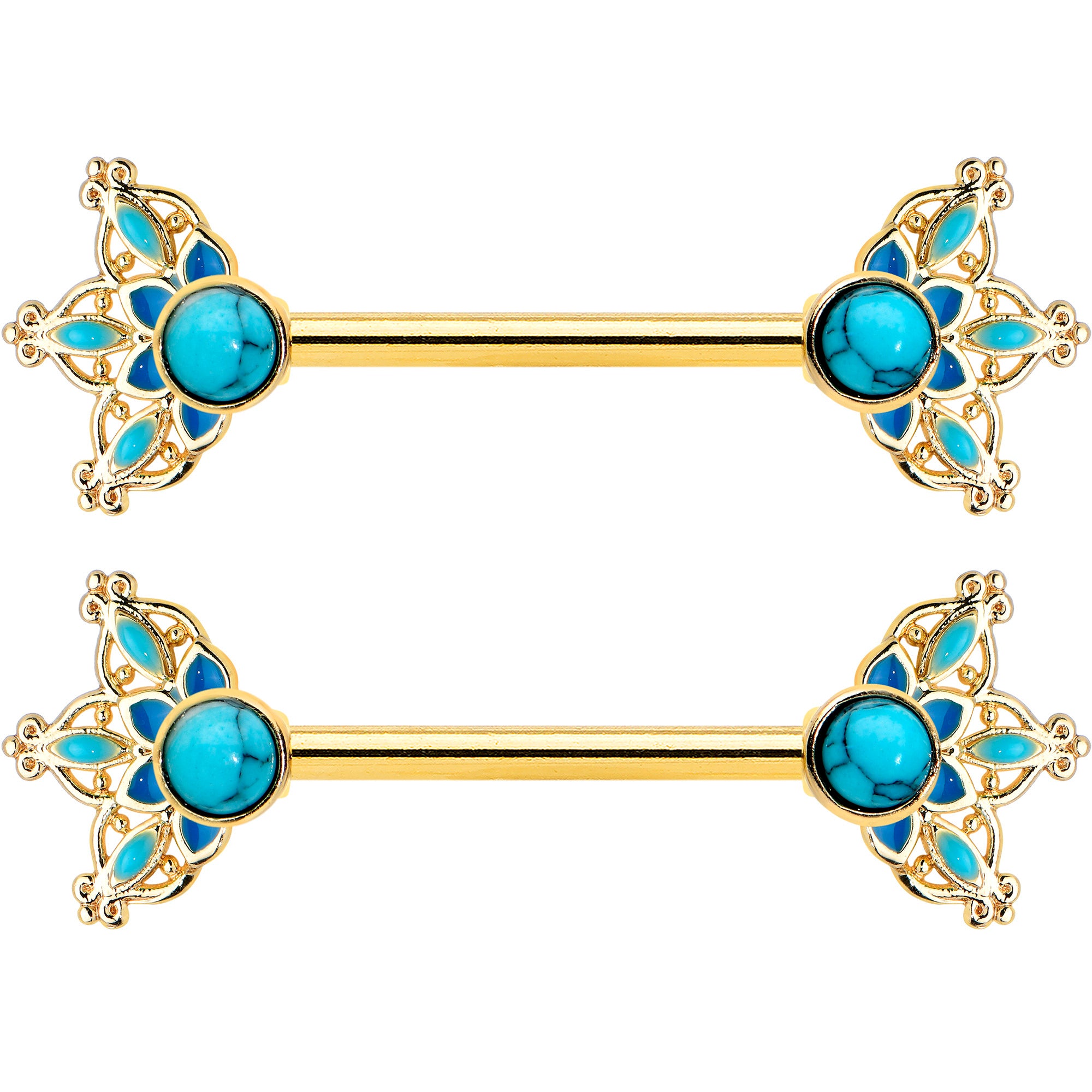 14 Gauge 9/16 Blue Turquoise Gold Tone Opulent Bloom Nipple Ring Set