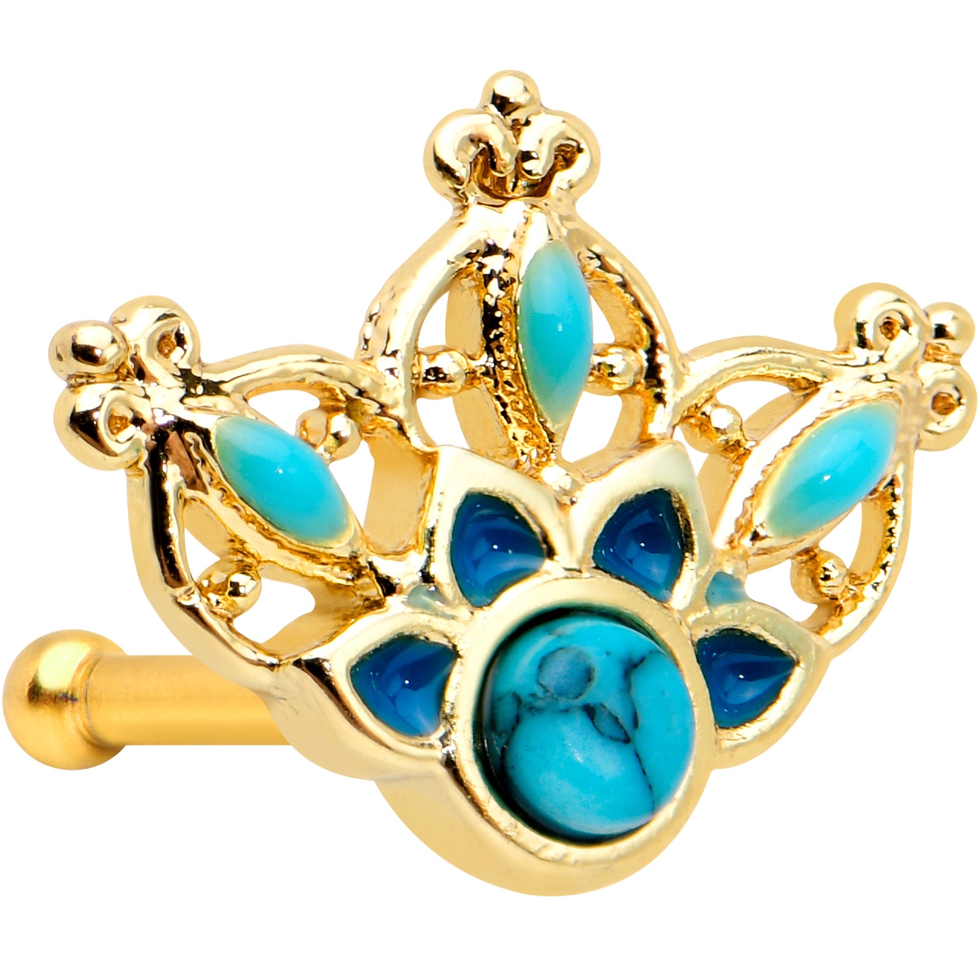 20 Gauge 1/4 Turquoise Gold Tone Opulent Flower Nose Bone