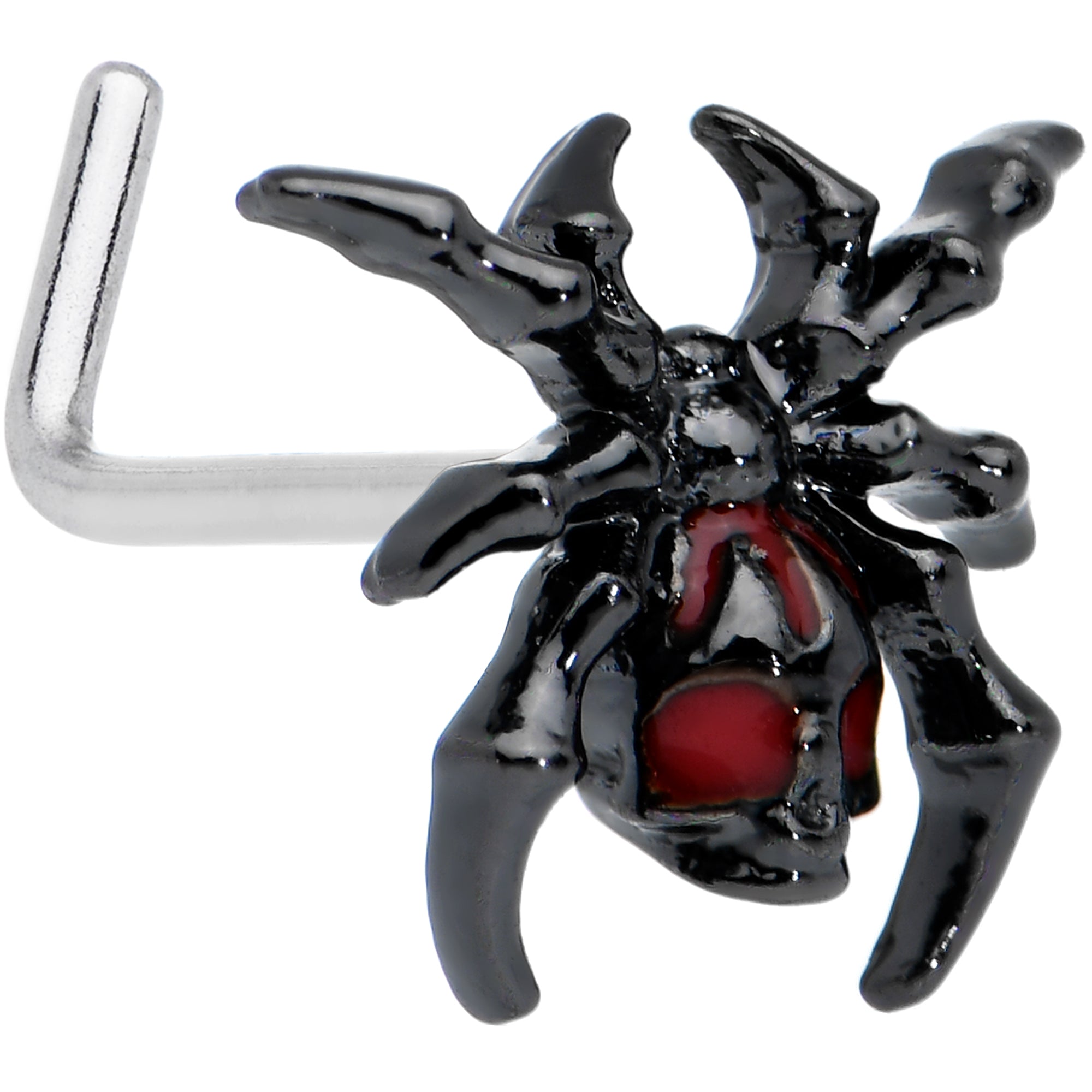 20 Gauge 1/4 Red Gem Black Spider Skull Halloween L Shape Nose Ring