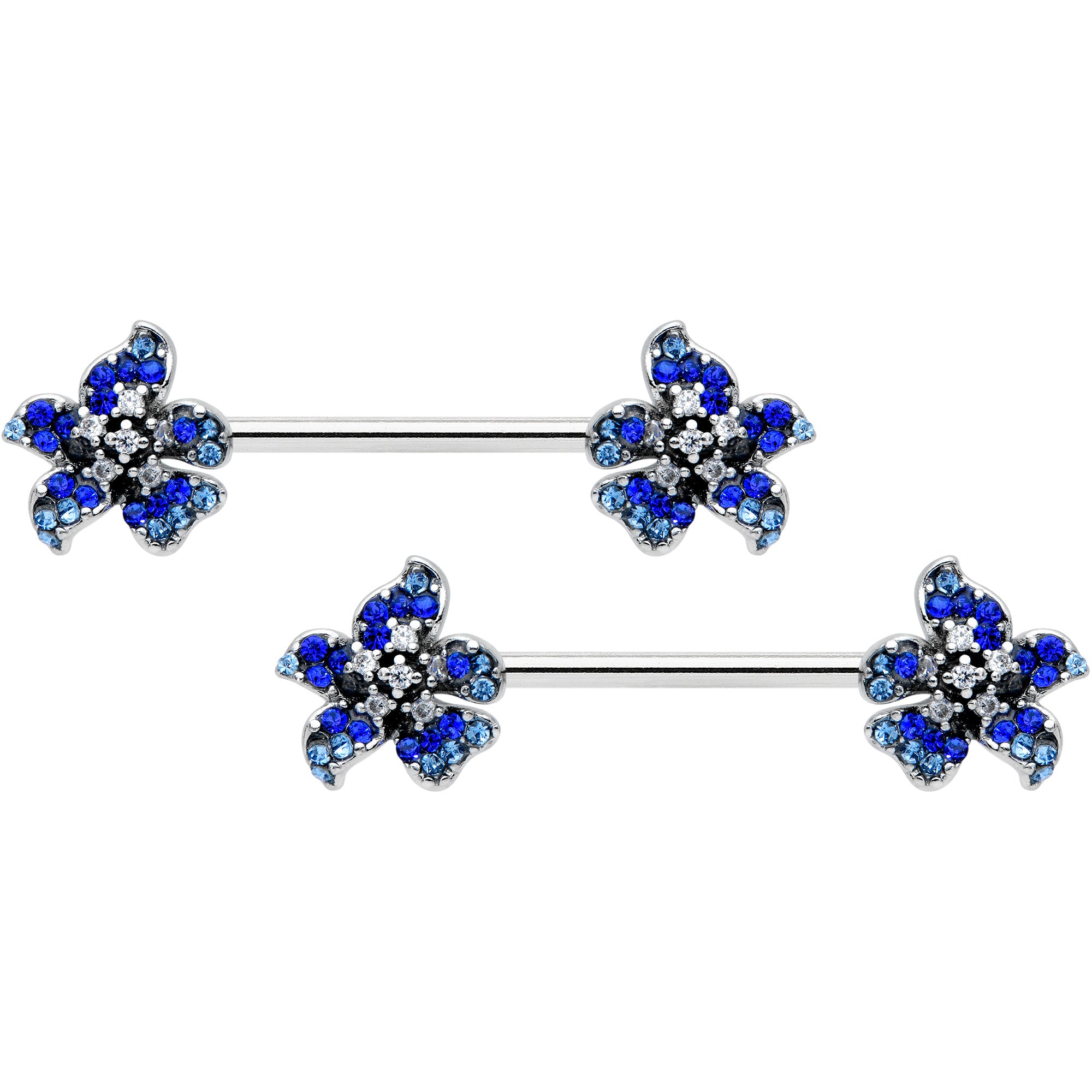 14 Gauge 9/16 Clear Blue Gem Evening Flower Barbell Nipple Ring Set