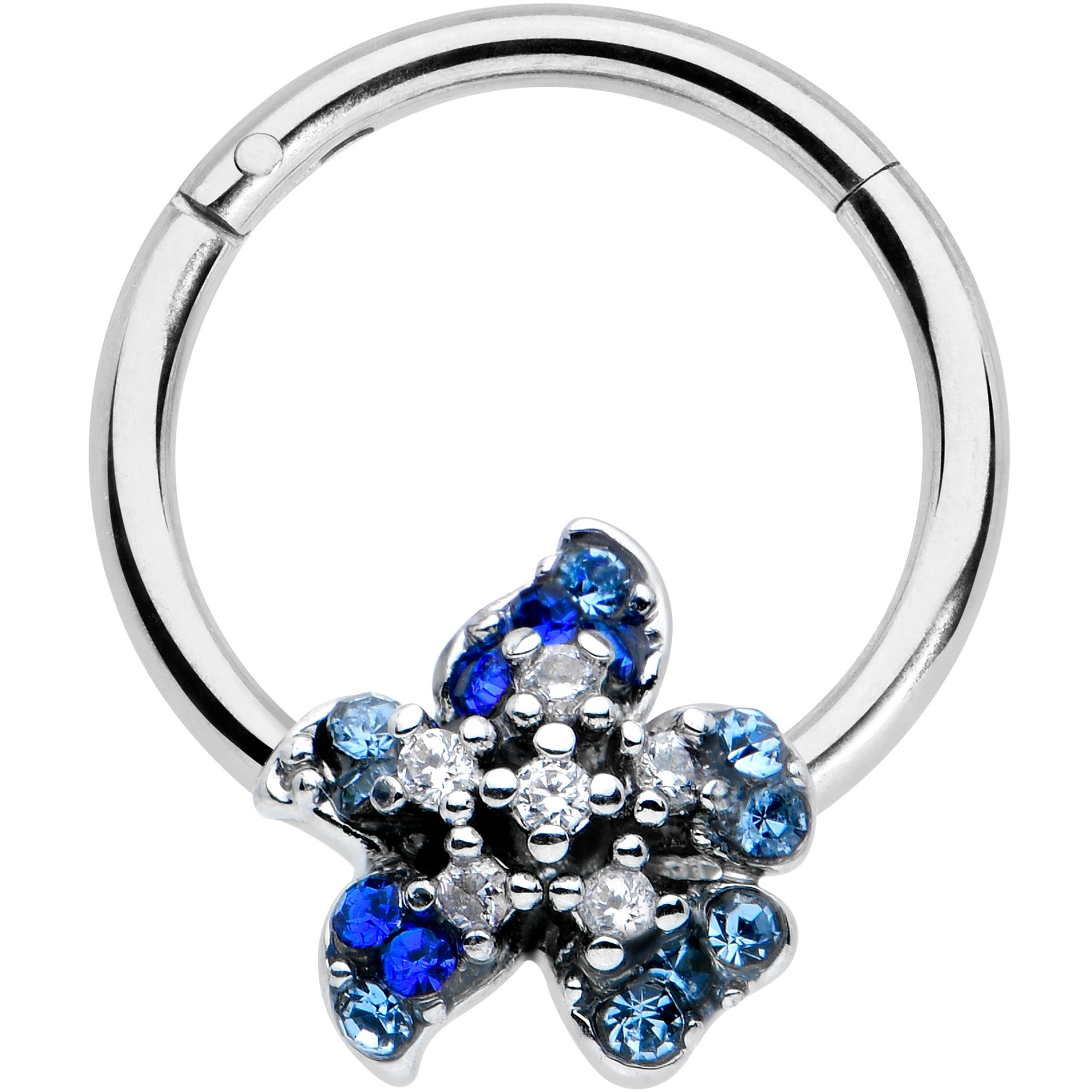 16 Gauge 3/8 Clear Blue Gem Evening Flower Hinged Segment Ring