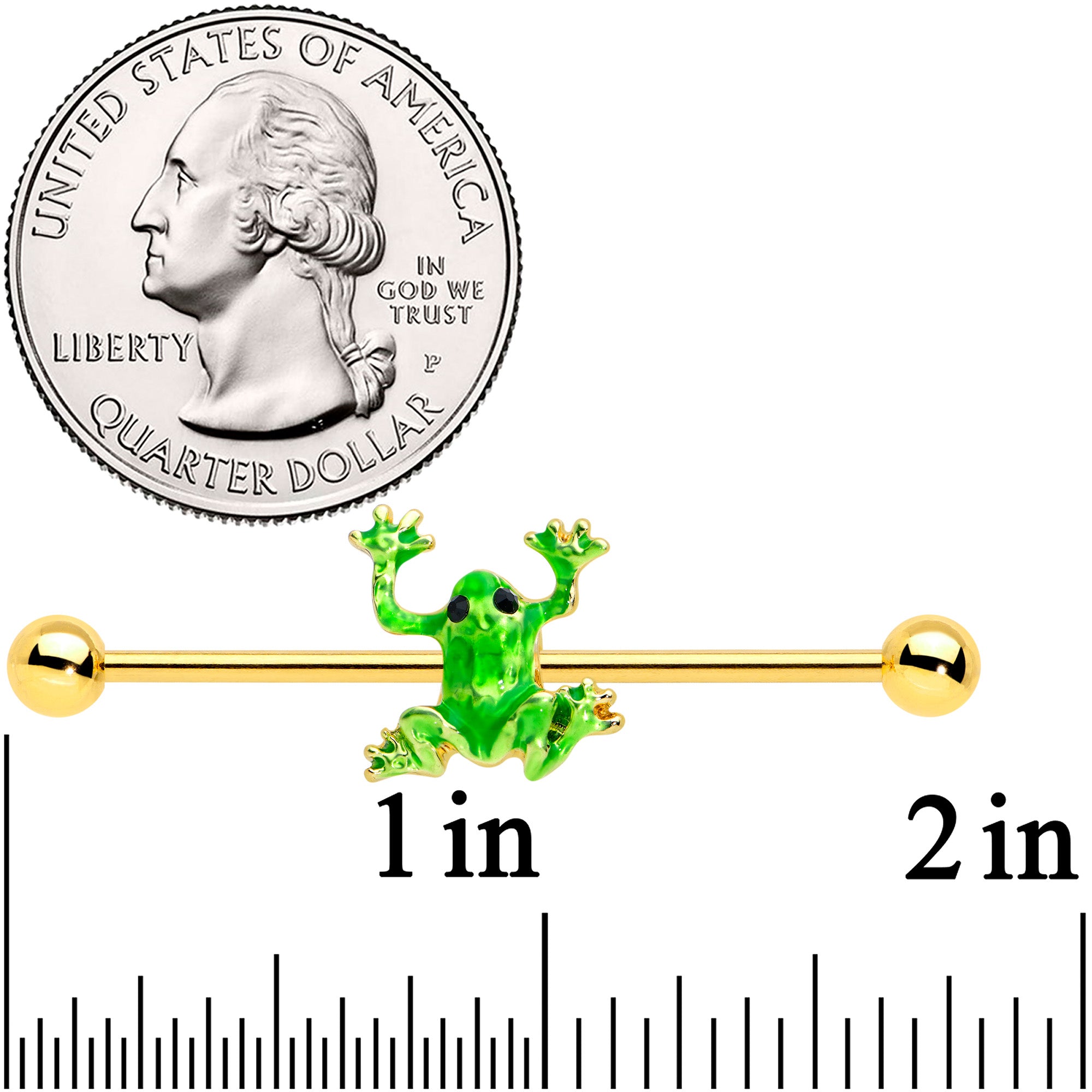 14 Gauge Gold Tone Green Tree Frog Industrial Barbell 38mm