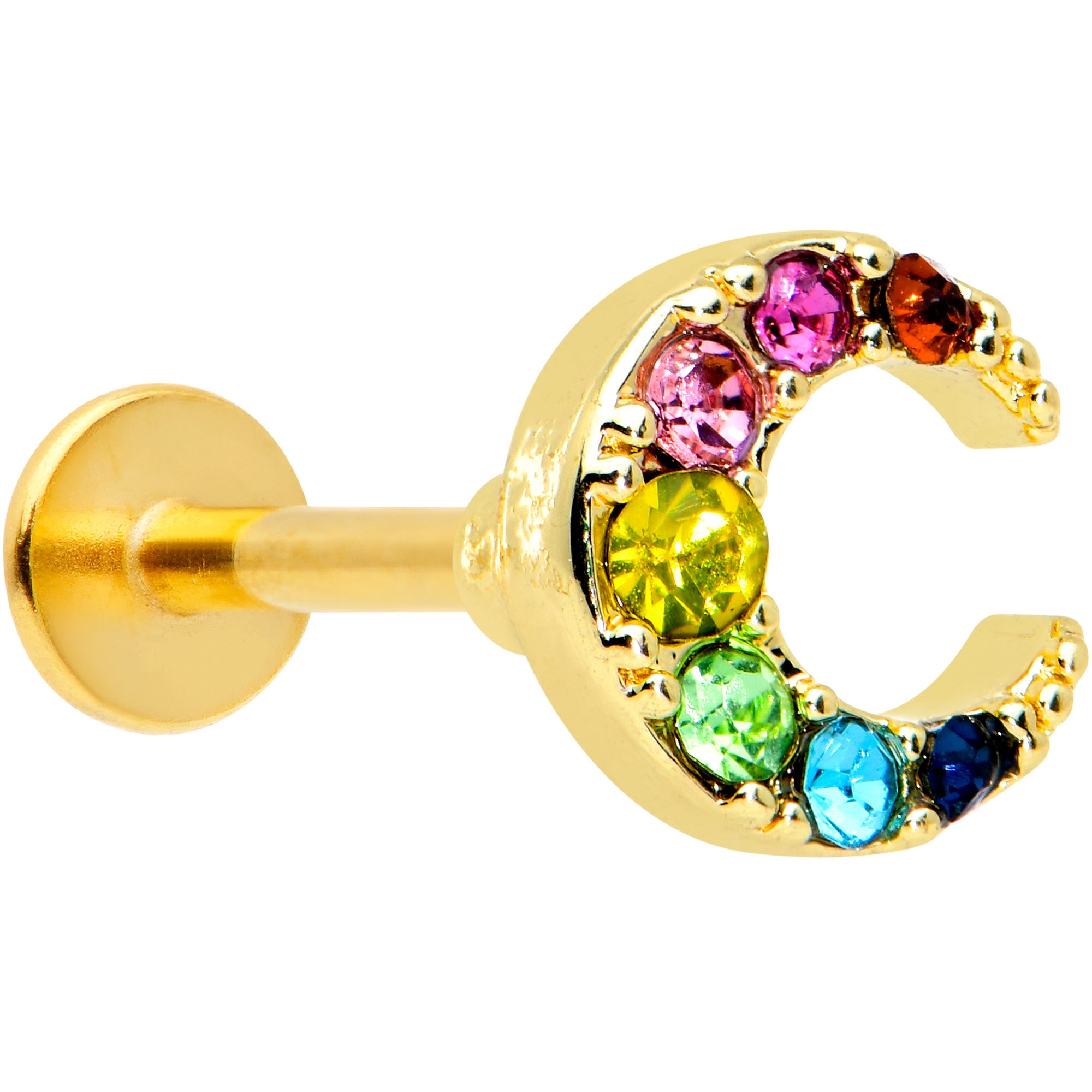 16 Gauge 1/4 Rainbow Gem Gold Tone Crescent Moon Labret Tragus