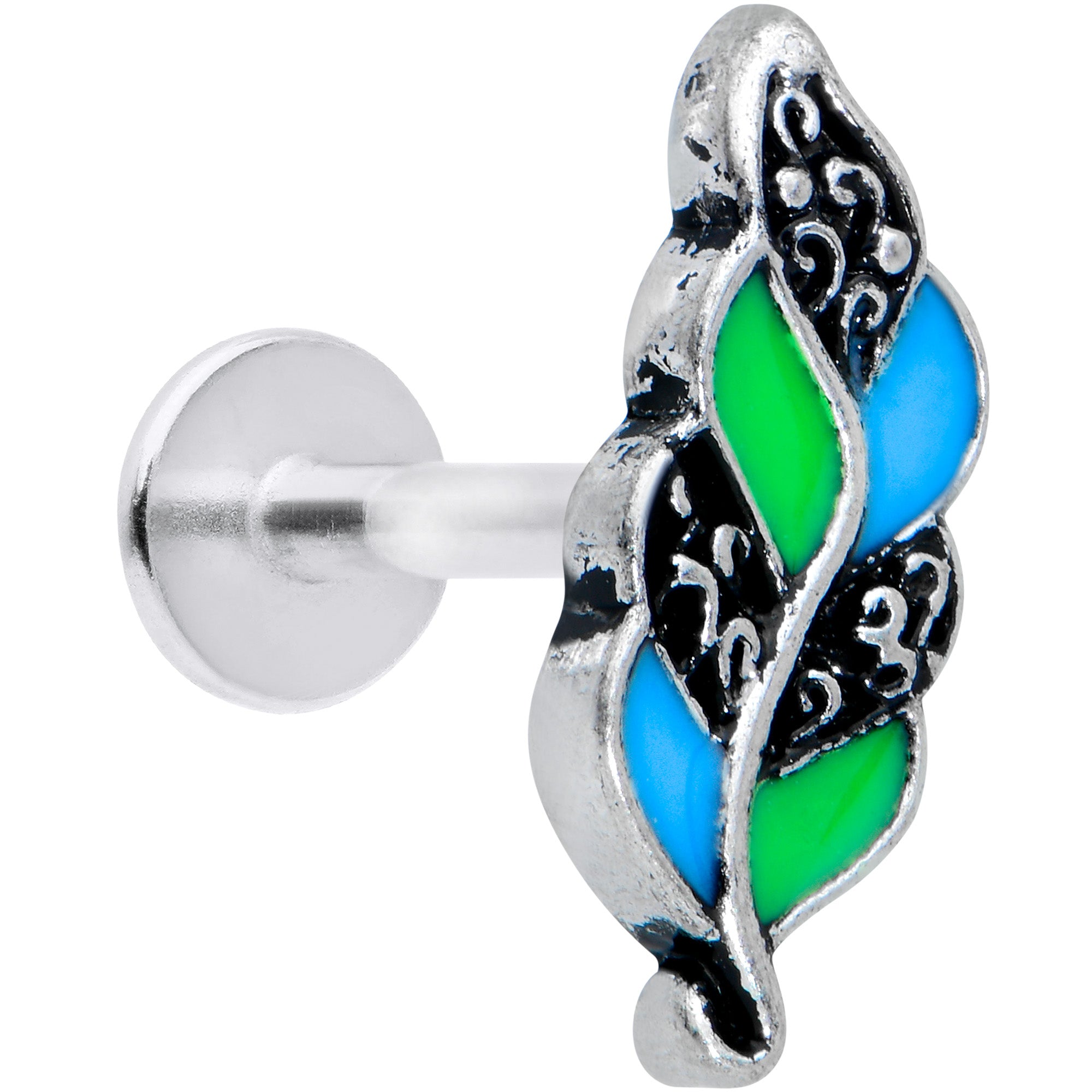 16 Gauge 1/4 Filigree Blue Green Leaves Labret Monroe Tragus