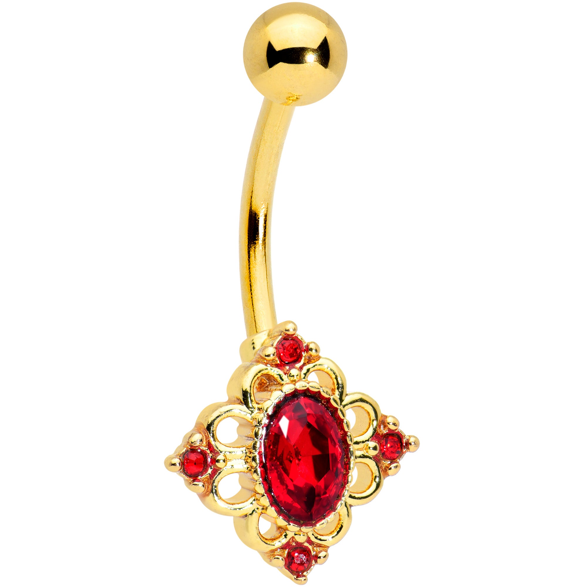 Red Gem Gold Tone Rich Regal Rhombus Belly Ring