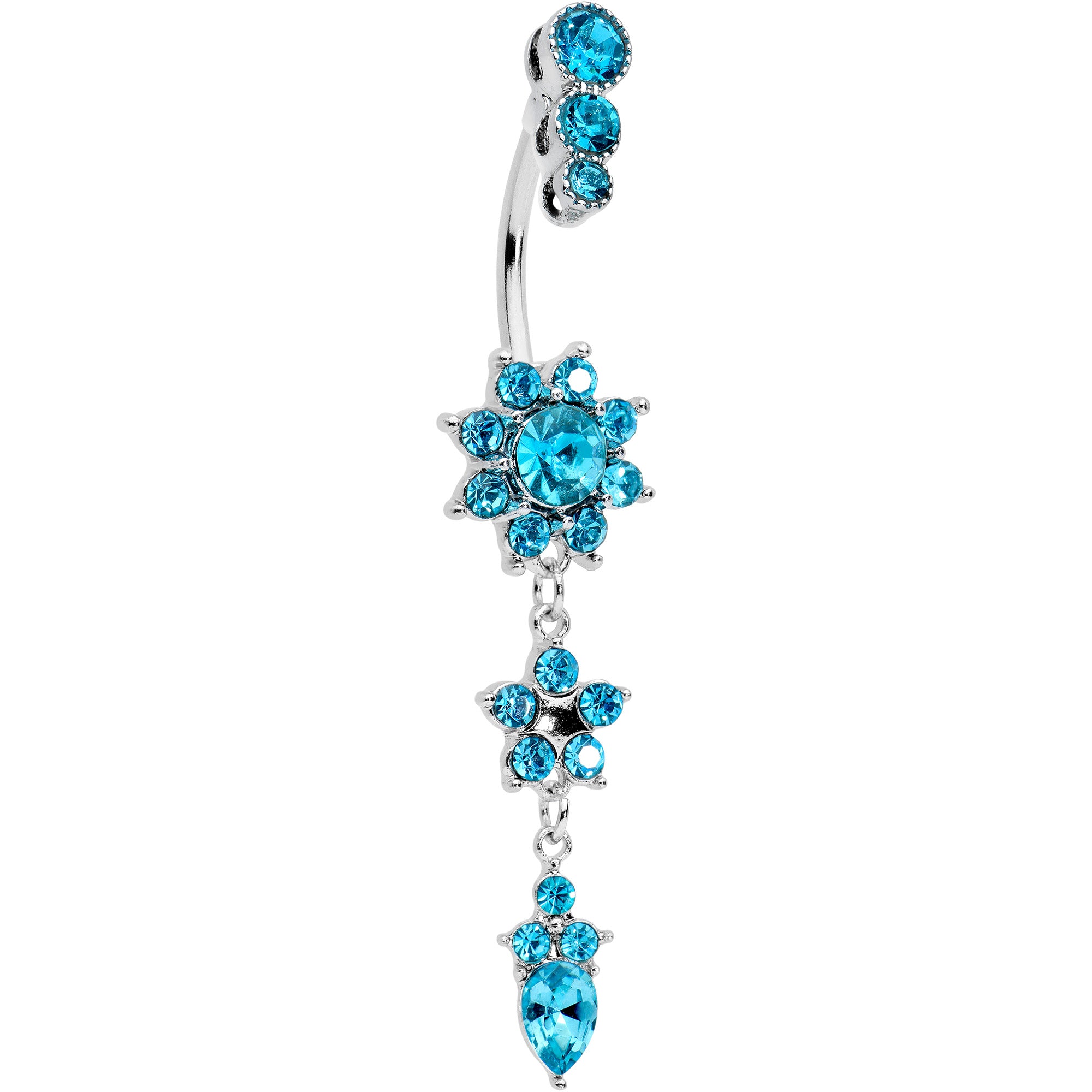 Blue Gem Triple Top Double Flower Drop Dangle Belly Ring