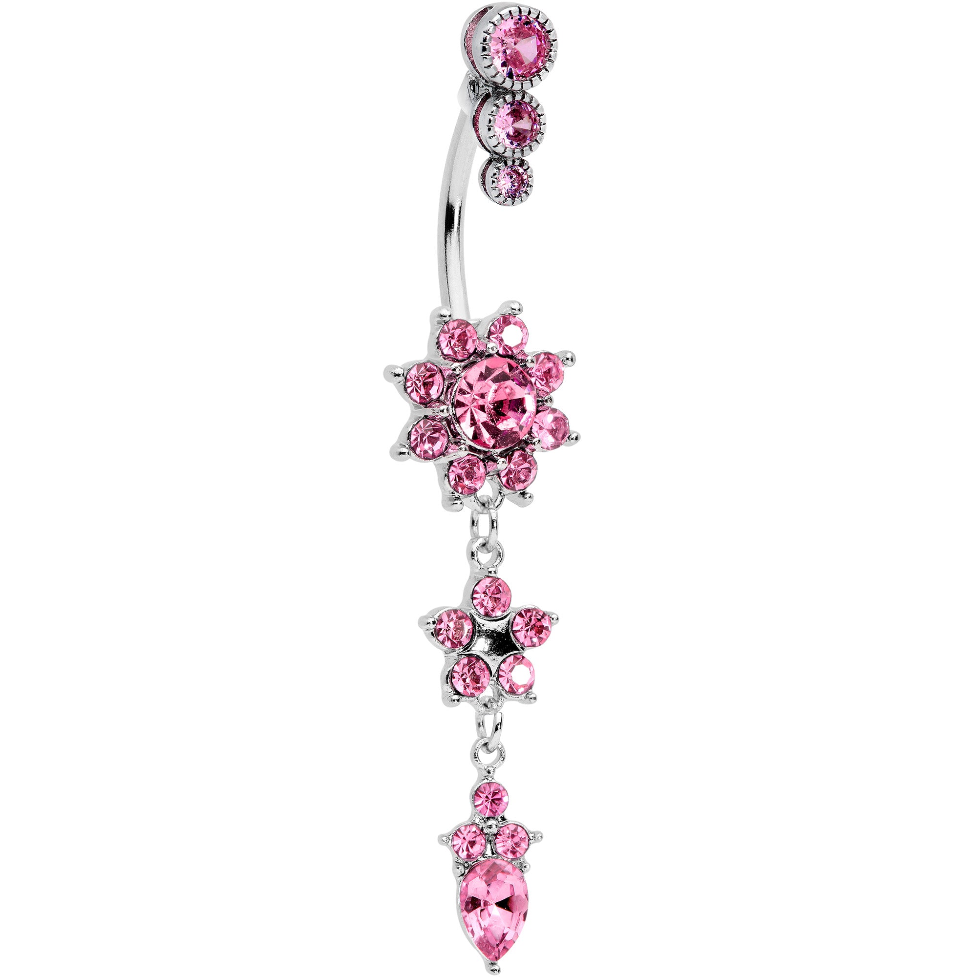 Pink Gem Triple Top Double Flower Drop Dangle Belly Ring