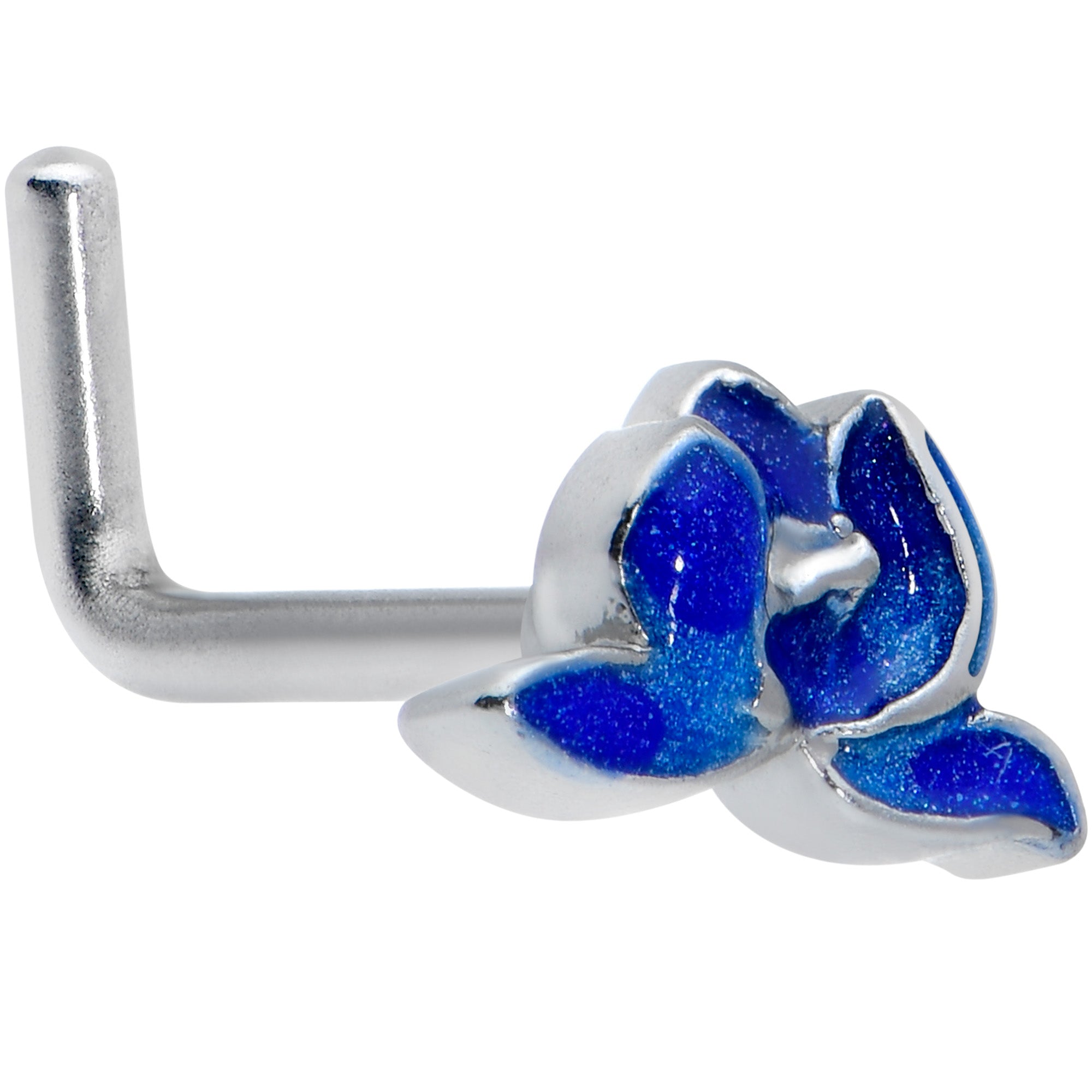 18 Gauge 5/16 Lovely Blue Lotus Flower L Shape Nose Ring