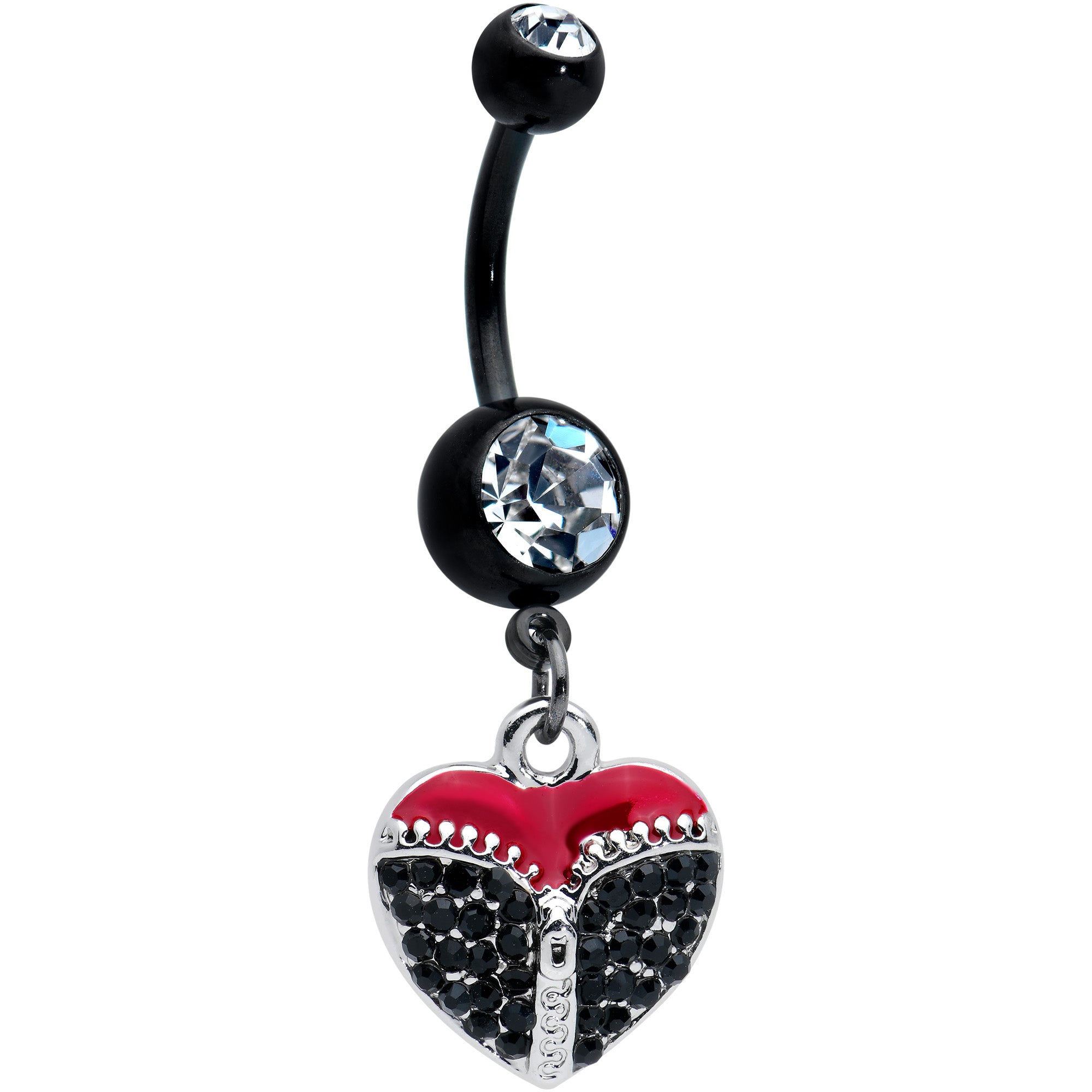 Clear Black CZ Gem Black Get Unzipped Heart Valentines Day Belly Ring