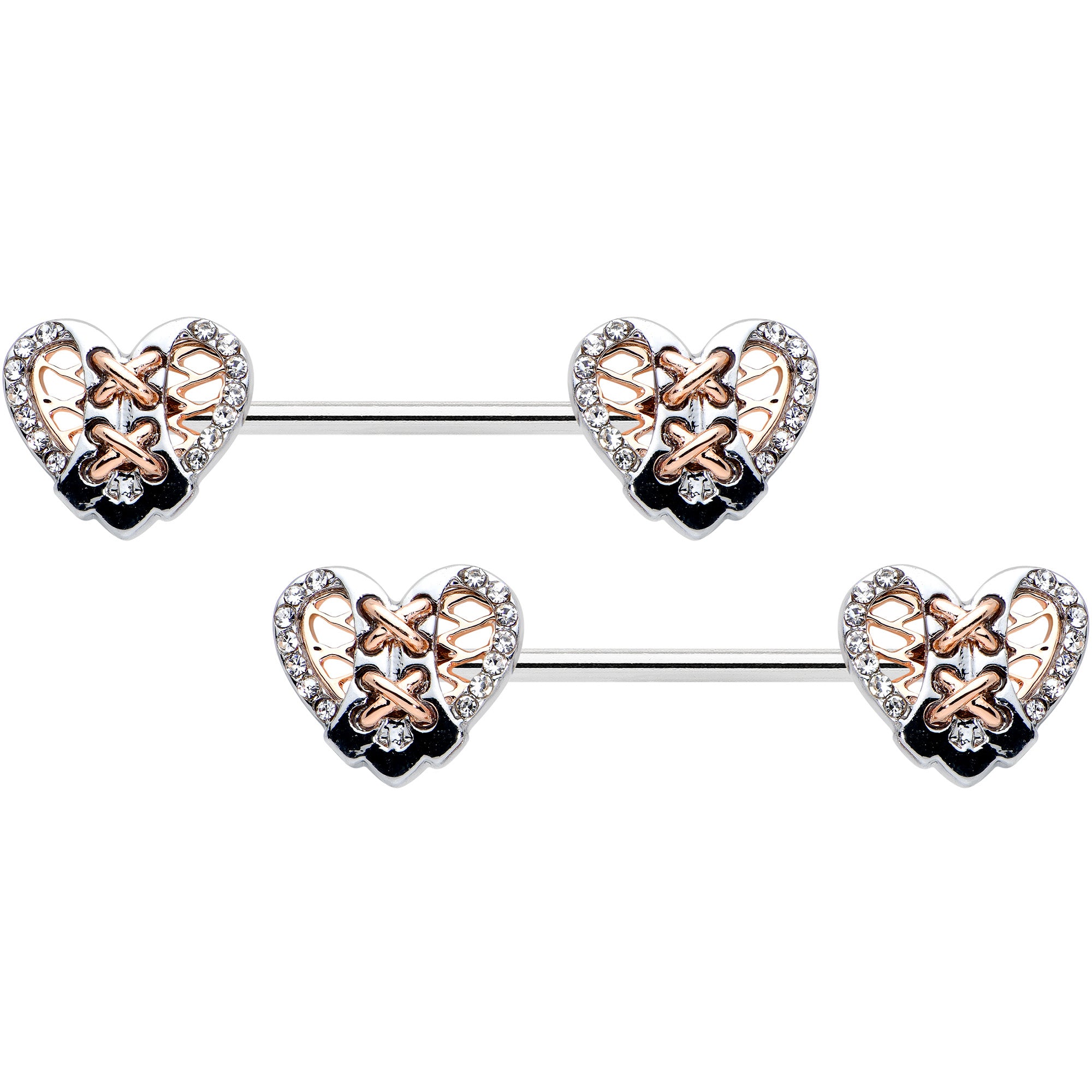 14 Gauge 9/16 Clear Gem Tie Me Up Corset Heart Barbell Nipple Ring Set