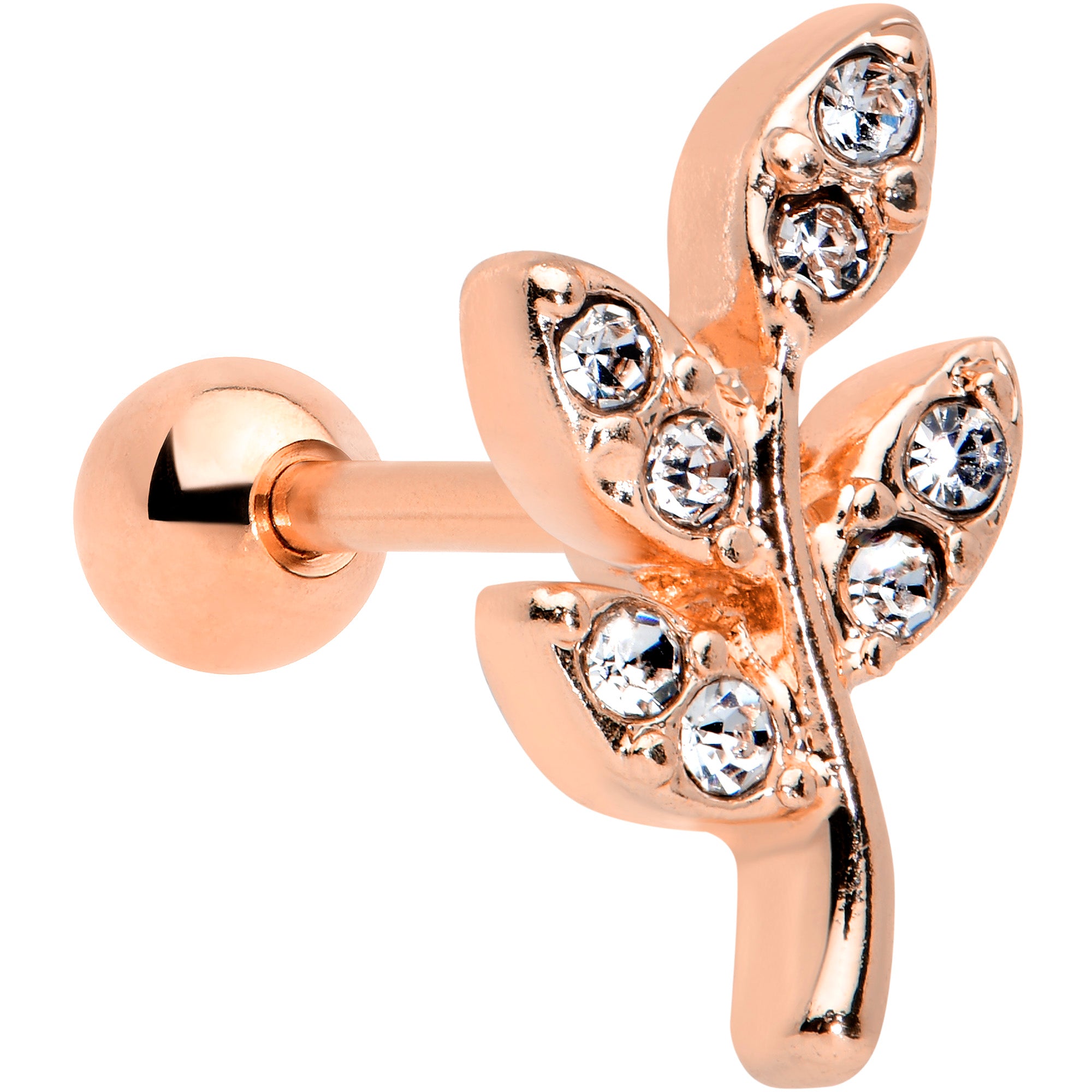 16 Gauge 1/4 Clear Gem Rose Gold Tone Lush Leaves Cartilage Tragus