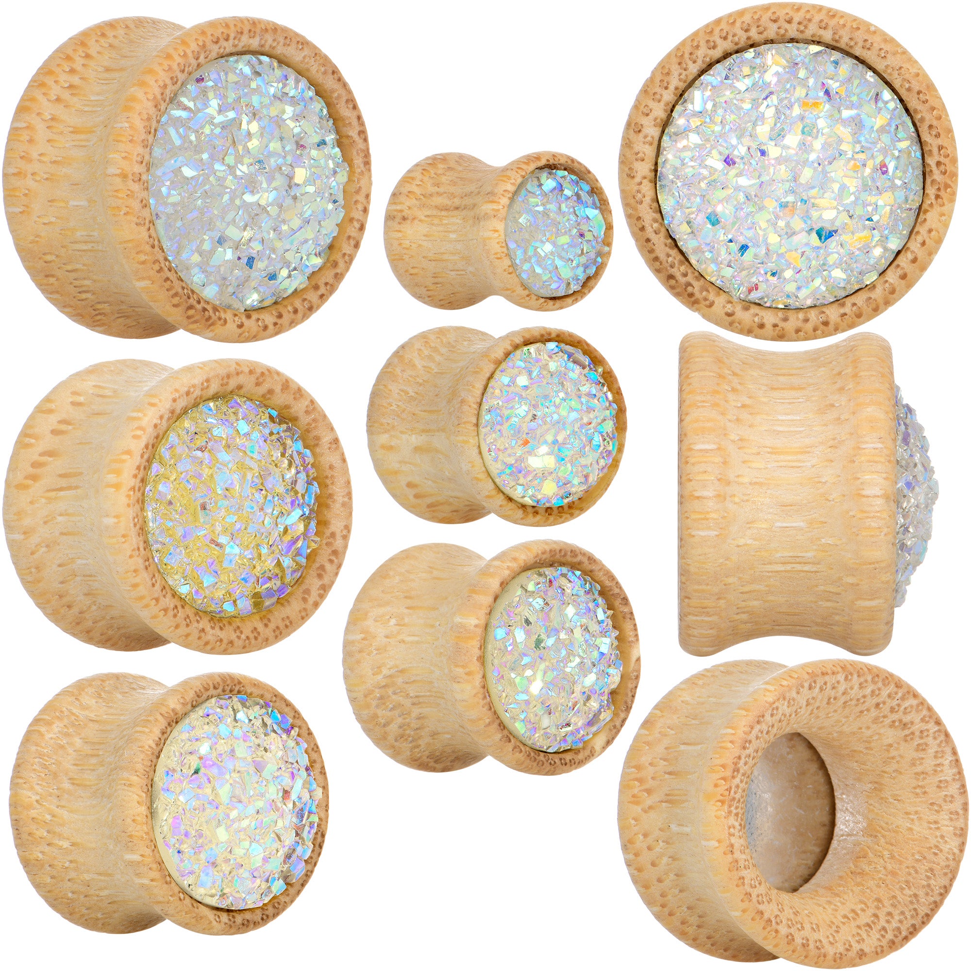 9/16 White Druzy Stone Wood Saddle Plug Set