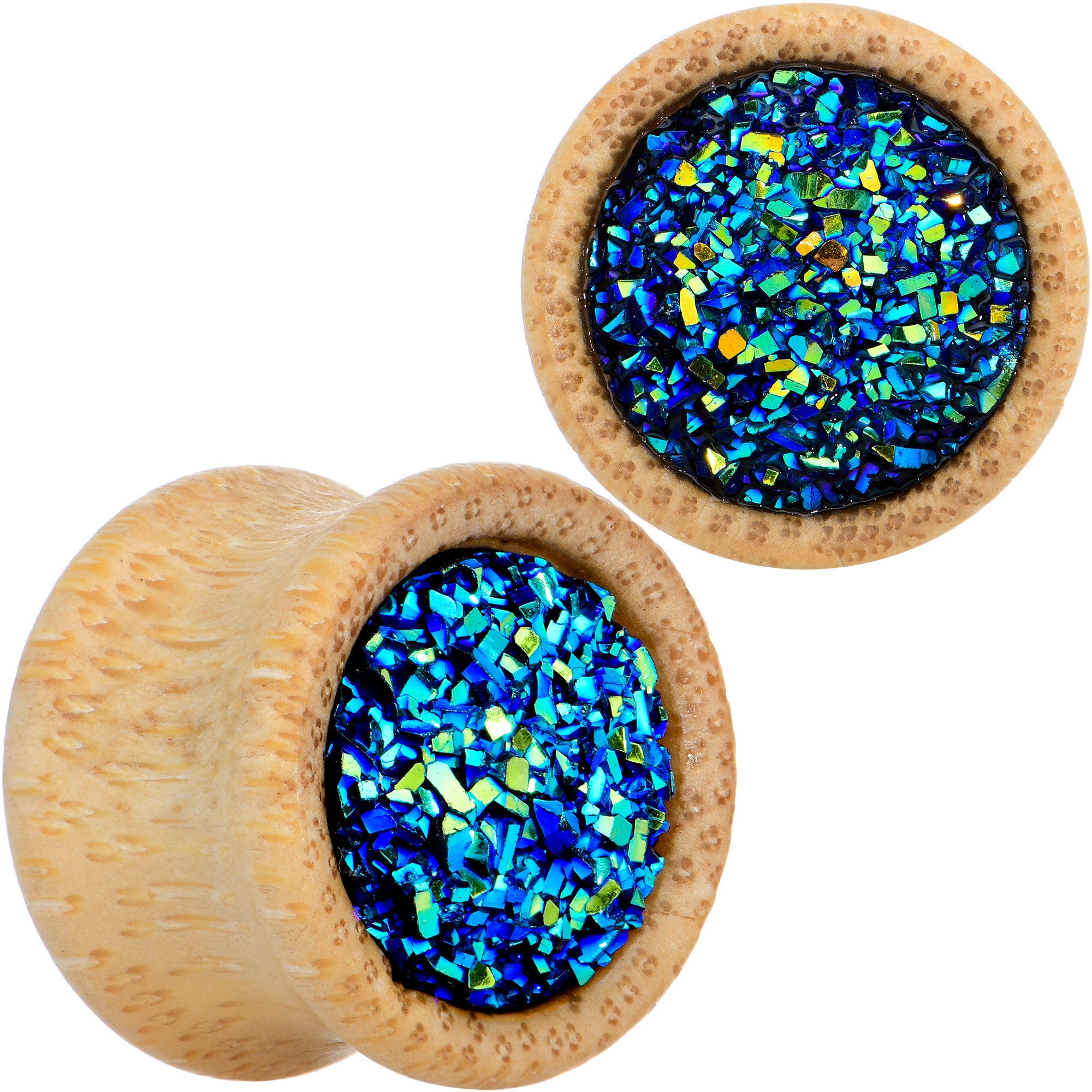 9/16 Blue Druzy Stone Wood Saddle Plug Set