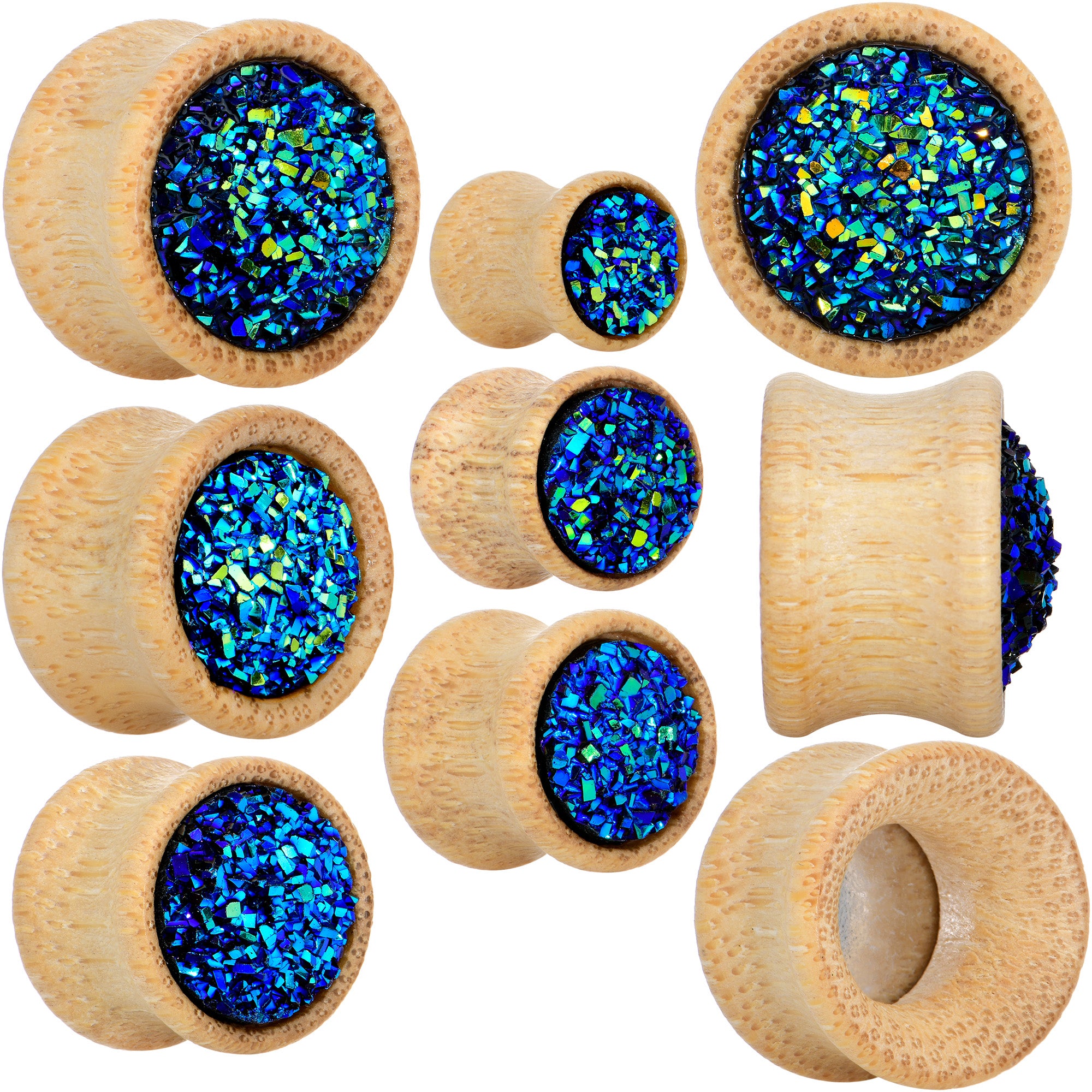 9/16 Blue Druzy Stone Wood Saddle Plug Set