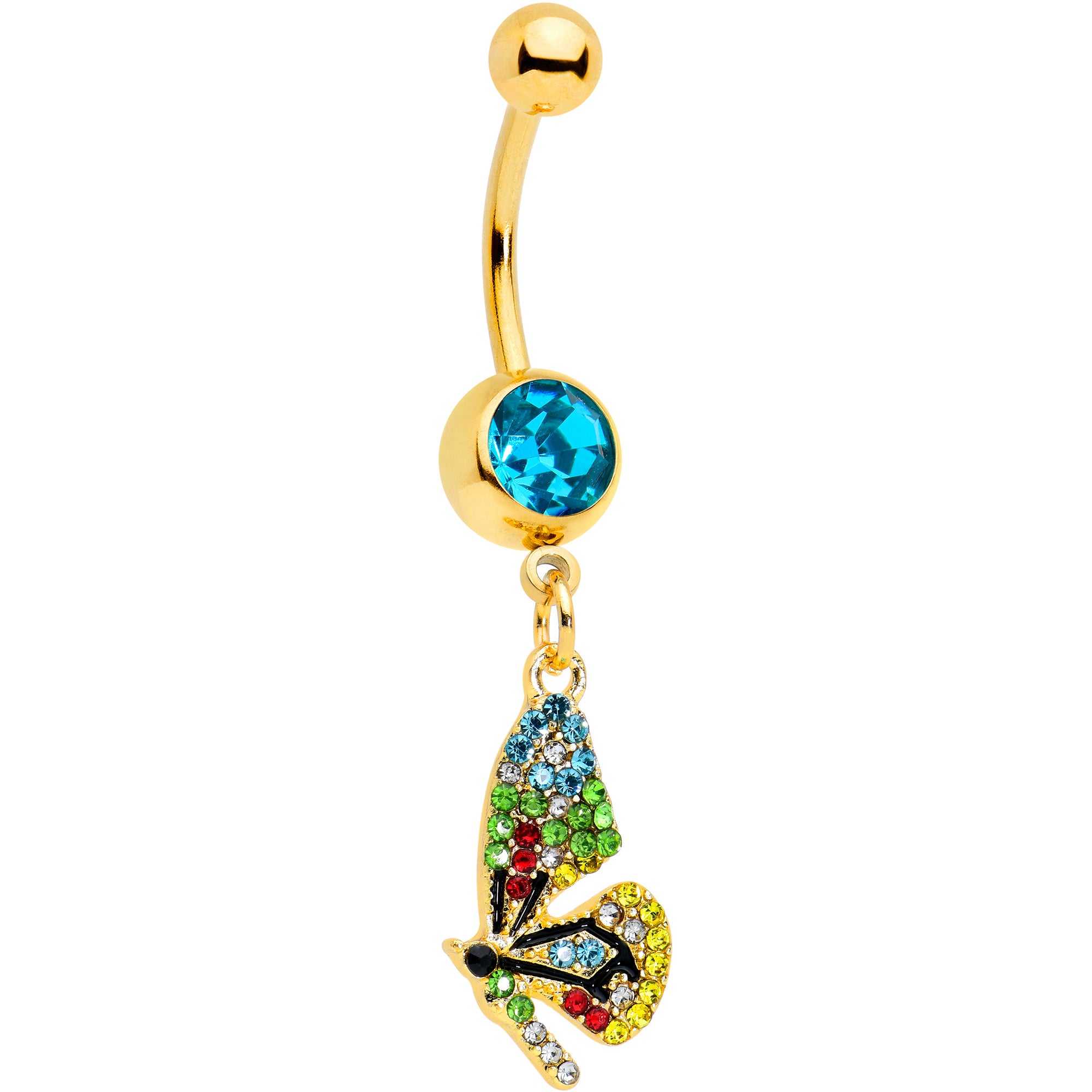 Blue Red Green Gem Gold Tone Glitzy Dragonfly Dangle Belly Ring