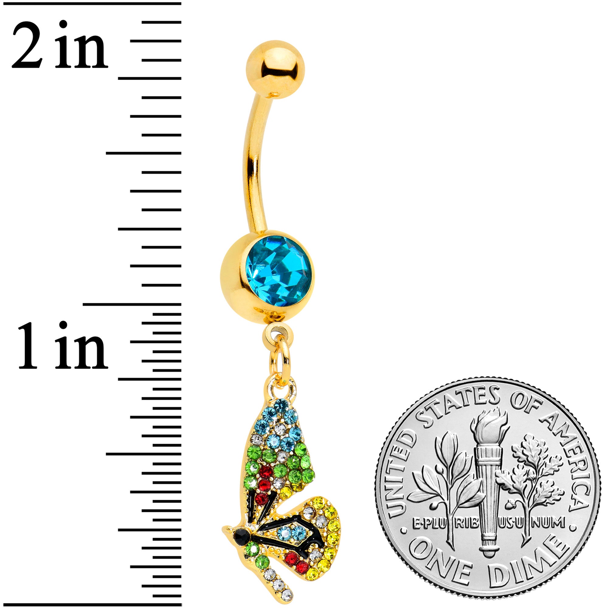 Blue Red Green Gem Gold Tone Glitzy Dragonfly Dangle Belly Ring