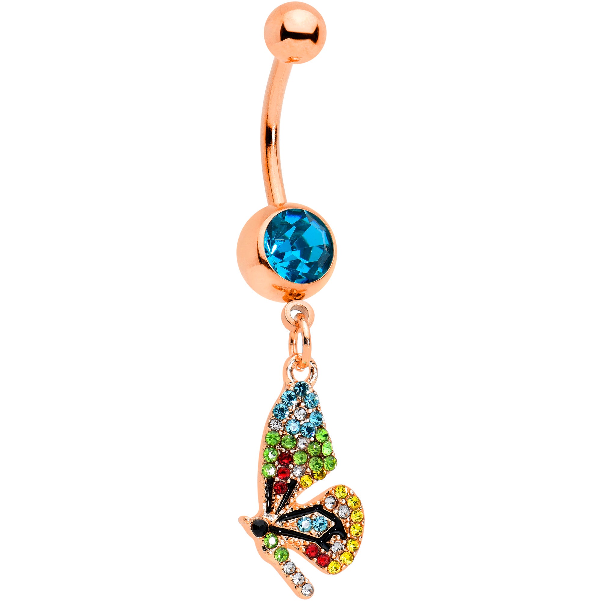 Blue Red Green Gem Rose Gold Tone Glitzy Dragonfly Dangle Belly Ring