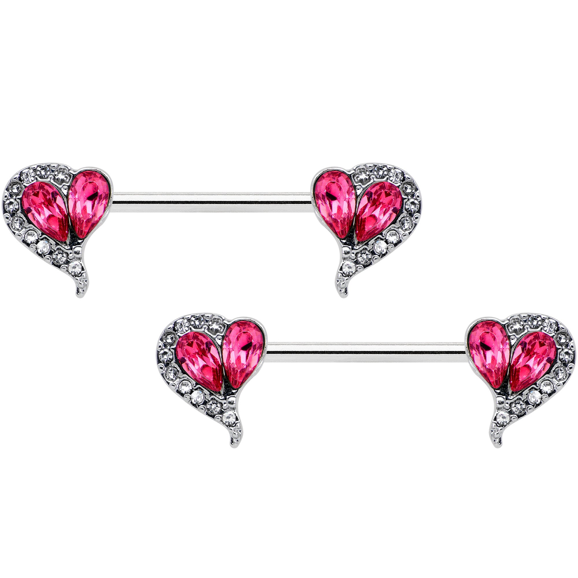 14 Gauge 9/16 Clear Pink Gem Curve Heart Valentines Nipple Ring Set