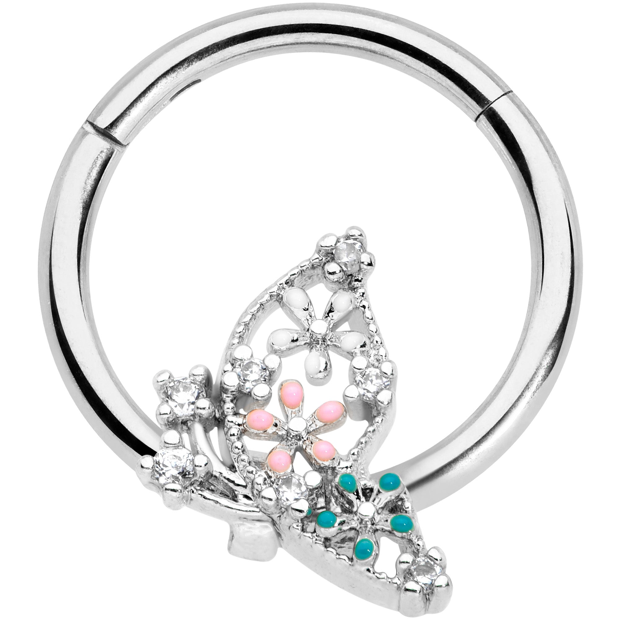 16 Gauge 3/8 Clear CZ Gem Abstract Butterfly Hinged Segment Ring