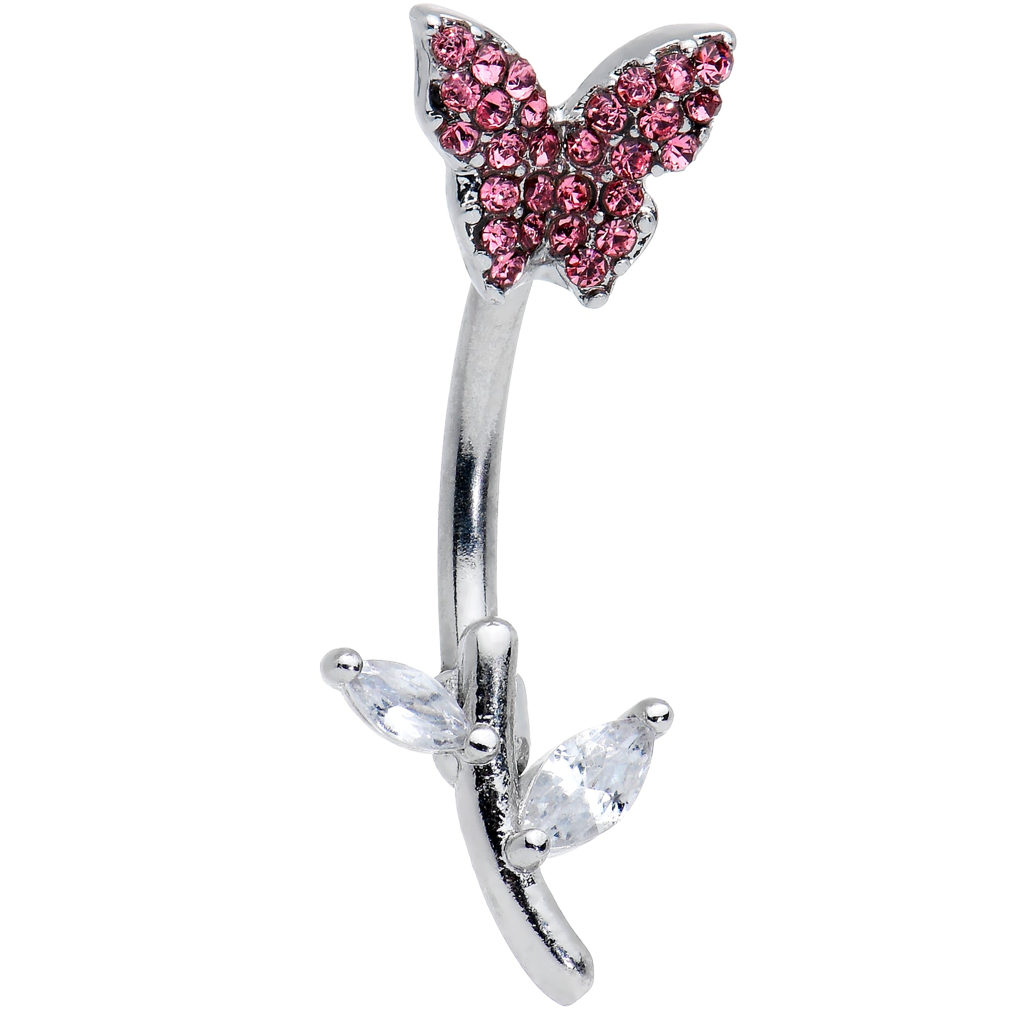 Clear Pink Gem Branch Butterfly Top Mount Belly Ring