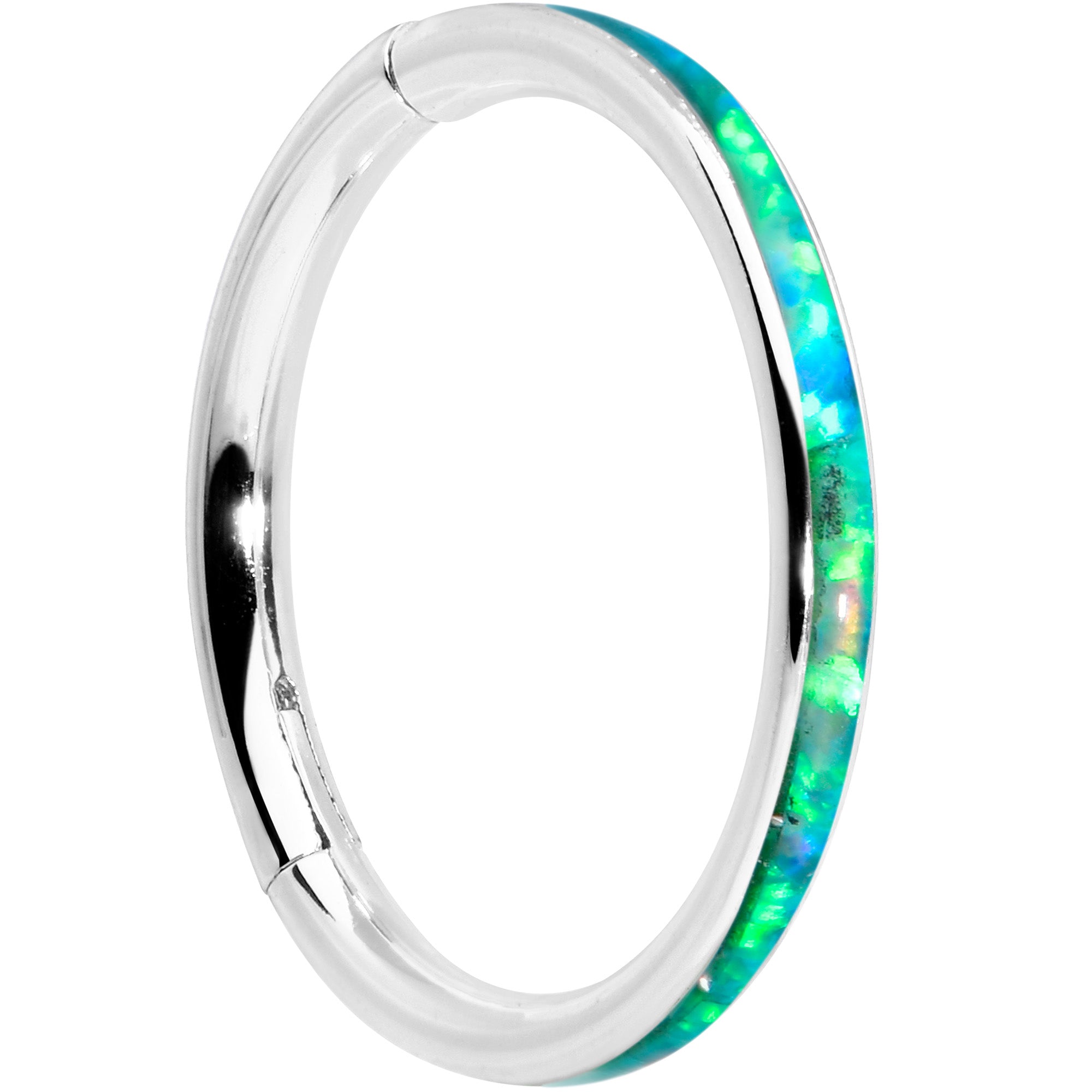 16 Gauge 3/8 Green Synthetic Opal Forward Facing Hinged Segment Ring