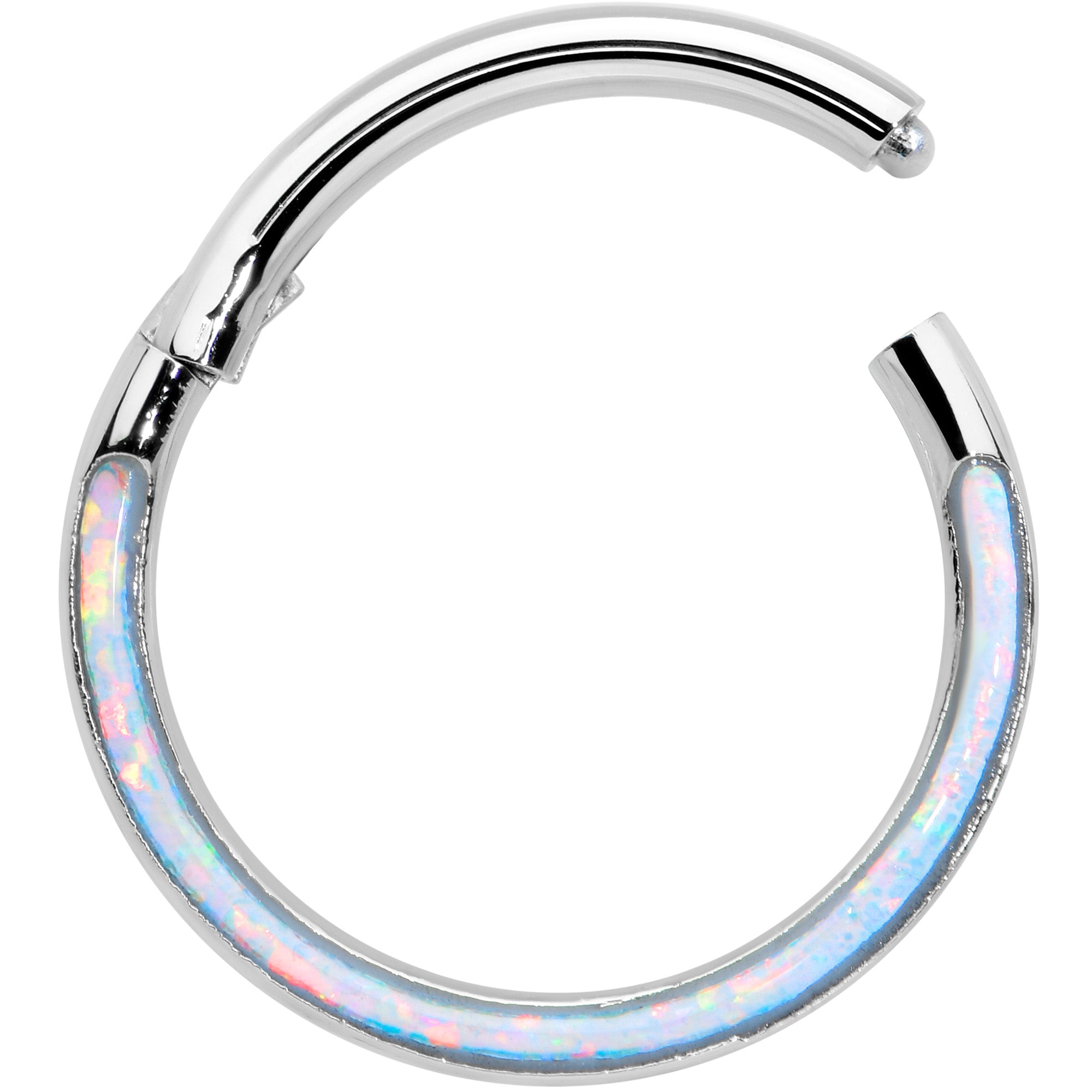 16 Gauge 3/8 White Synthetic Opal Bottom Curve Hinged Segment Ring