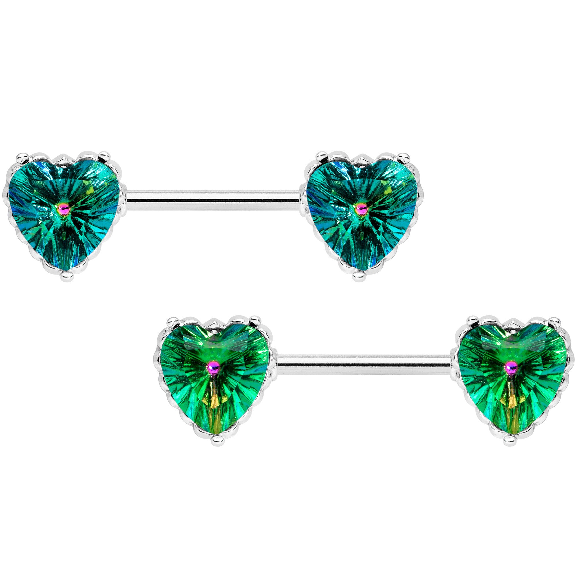 14 Gauge 9/16 Green CZ Gem Heart Valentines Day Nipple Ring Set