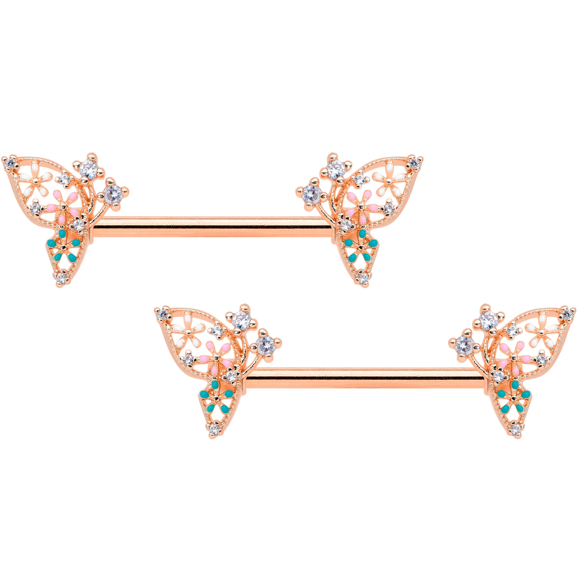 14 Gauge 9/16 Clear CZ Gem Rose Gold Hue Butterfly Nipple Ring Set